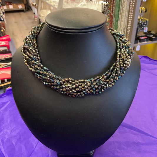 Vintage 1990s MANOUK Multistrand twisted Irridescent beaded crystal necklace, Peacock/ Petrol Borealis Glass Beads