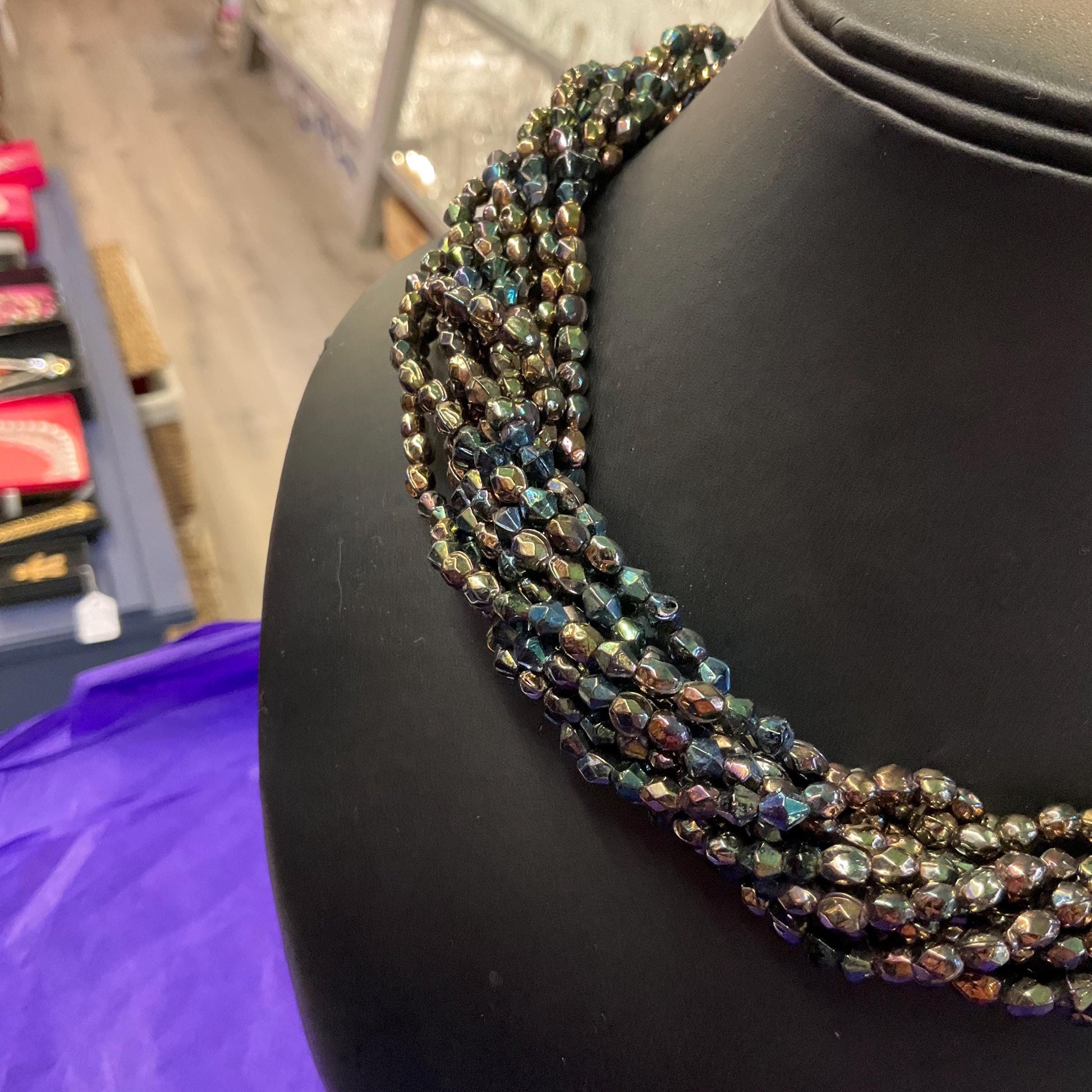 Vintage 1990s MANOUK Multistrand twisted Irridescent beaded crystal necklace, Peacock/ Petrol Borealis Glass Beads