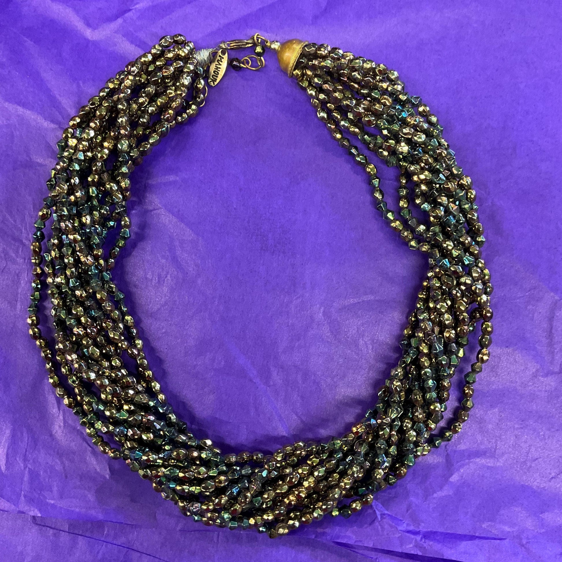 Vintage 1990s MANOUK Multistrand twisted Irridescent beaded crystal necklace, Peacock/ Petrol Borealis Glass Beads