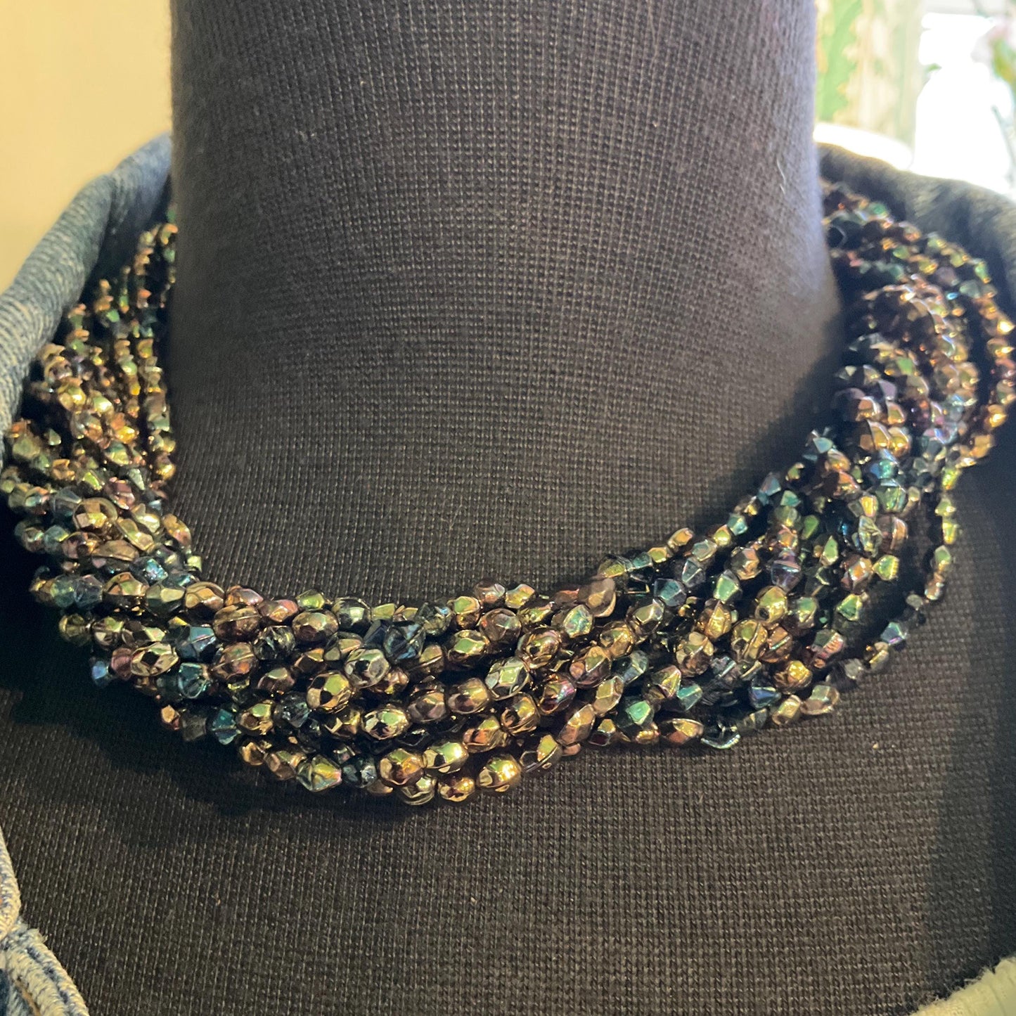 Vintage 1990s MANOUK Multistrand twisted Irridescent beaded crystal necklace, Peacock/ Petrol Borealis Glass Beads