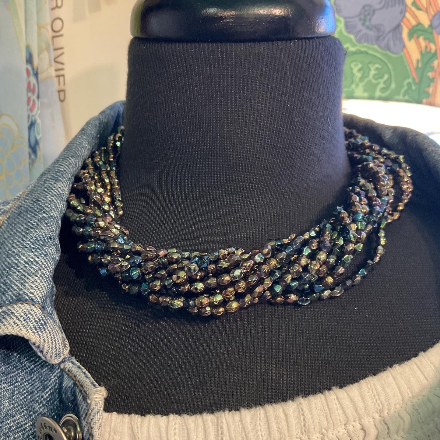 Vintage 1990s MANOUK Multistrand twisted Irridescent beaded crystal necklace, Peacock/ Petrol Borealis Glass Beads