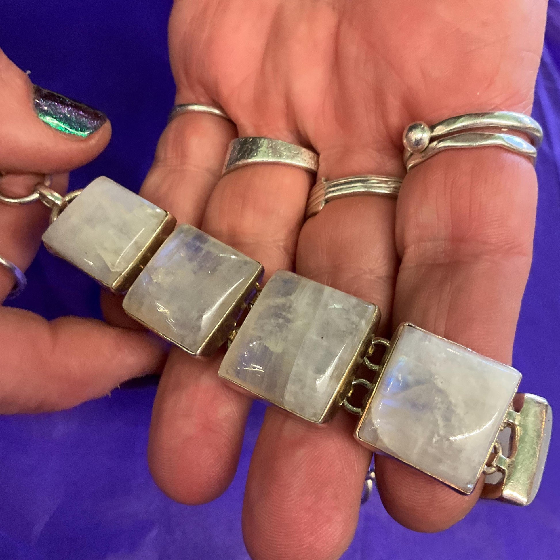 Vintage Silver and Moonstone Artisan Made Chunky T Bar Panel Bracelet, Large Square Gemstones and 925 Silver