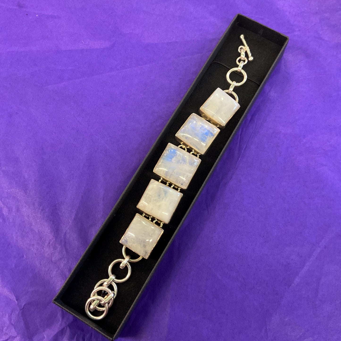 Vintage Silver and Moonstone Artisan Made Chunky T Bar Panel Bracelet, Large Square Gemstones and 925 Silver