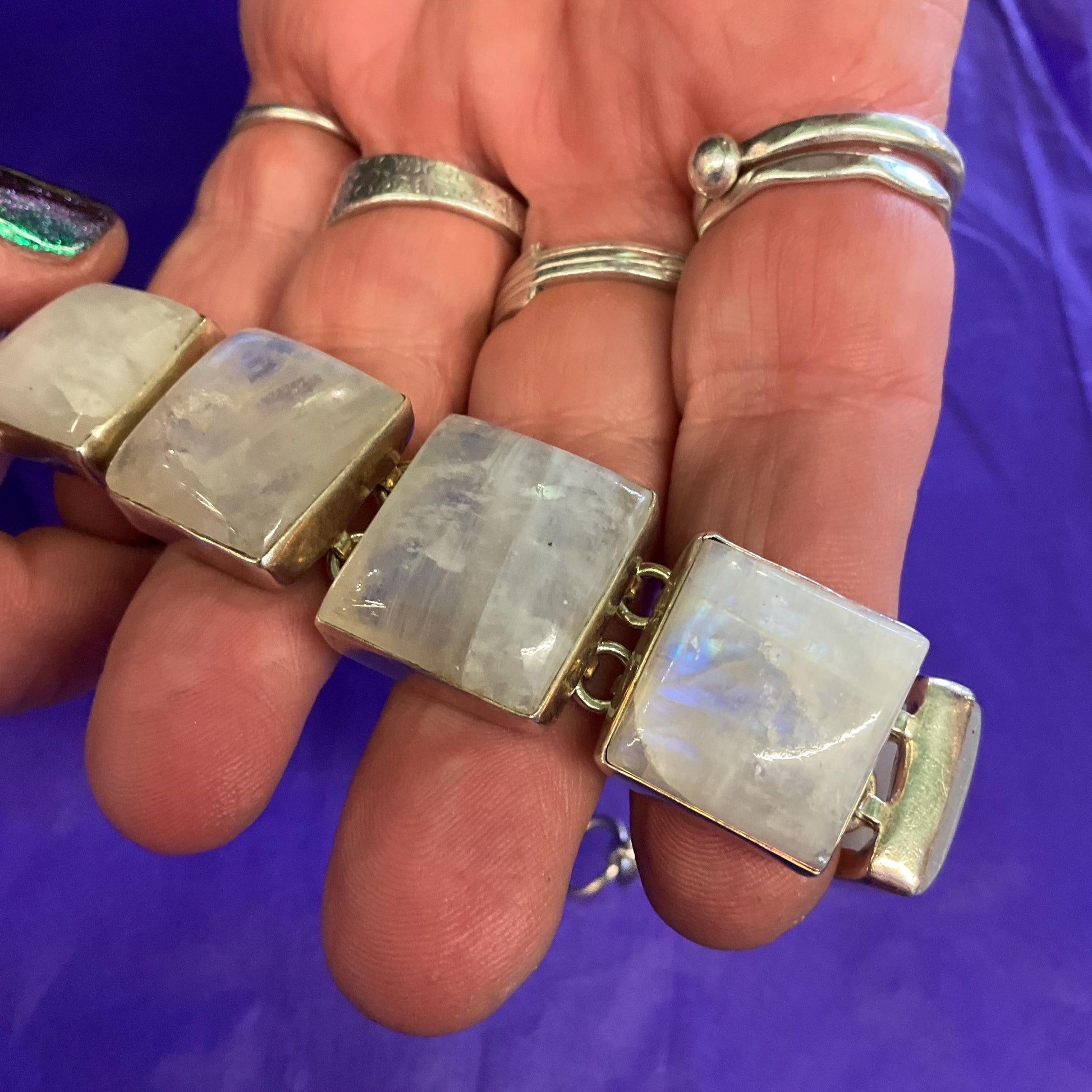 Vintage Silver and Moonstone Artisan Made Chunky T Bar Panel Bracelet, Large Square Gemstones and 925 Silver