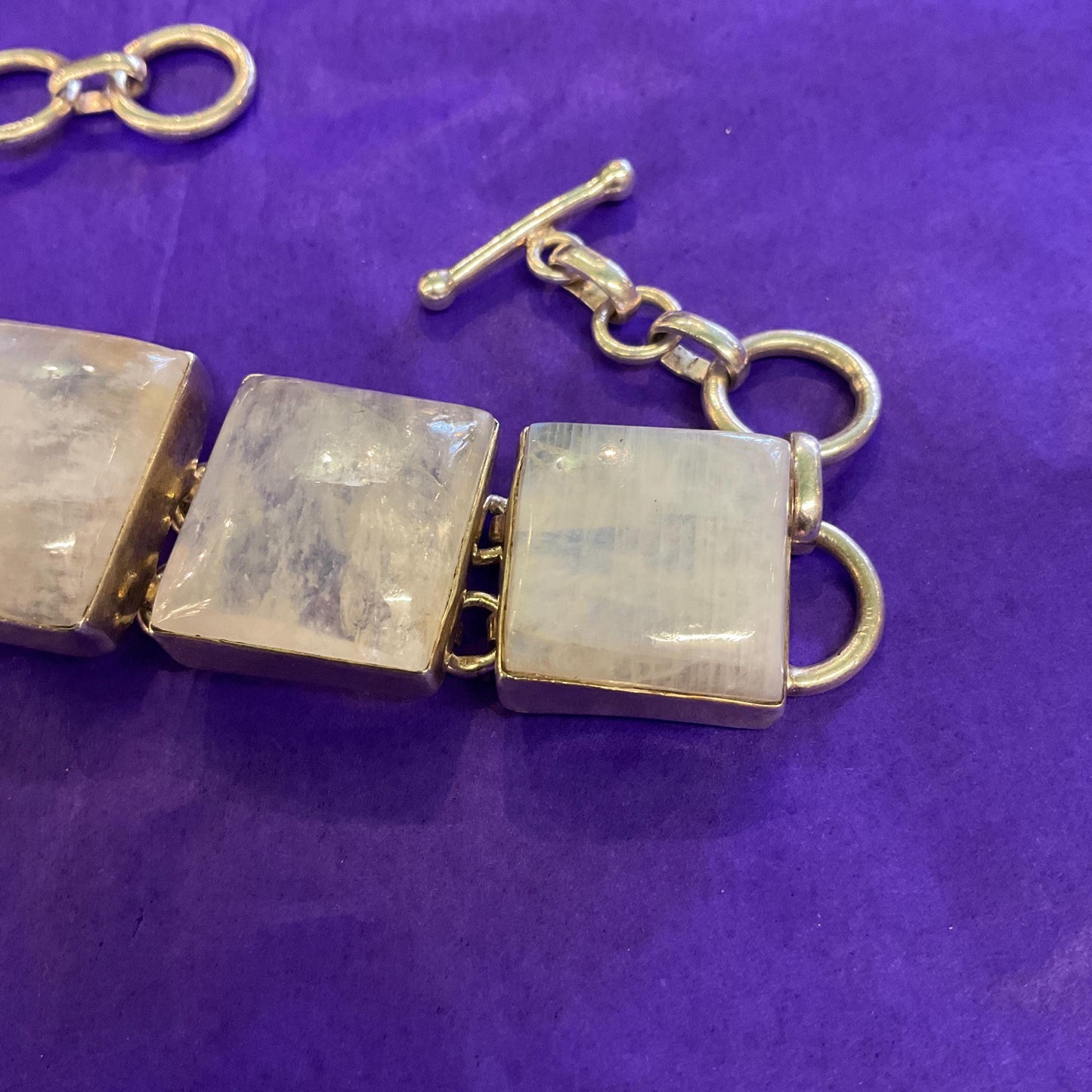 Vintage Silver and Moonstone Artisan Made Chunky T Bar Panel Bracelet, Large Square Gemstones and 925 Silver