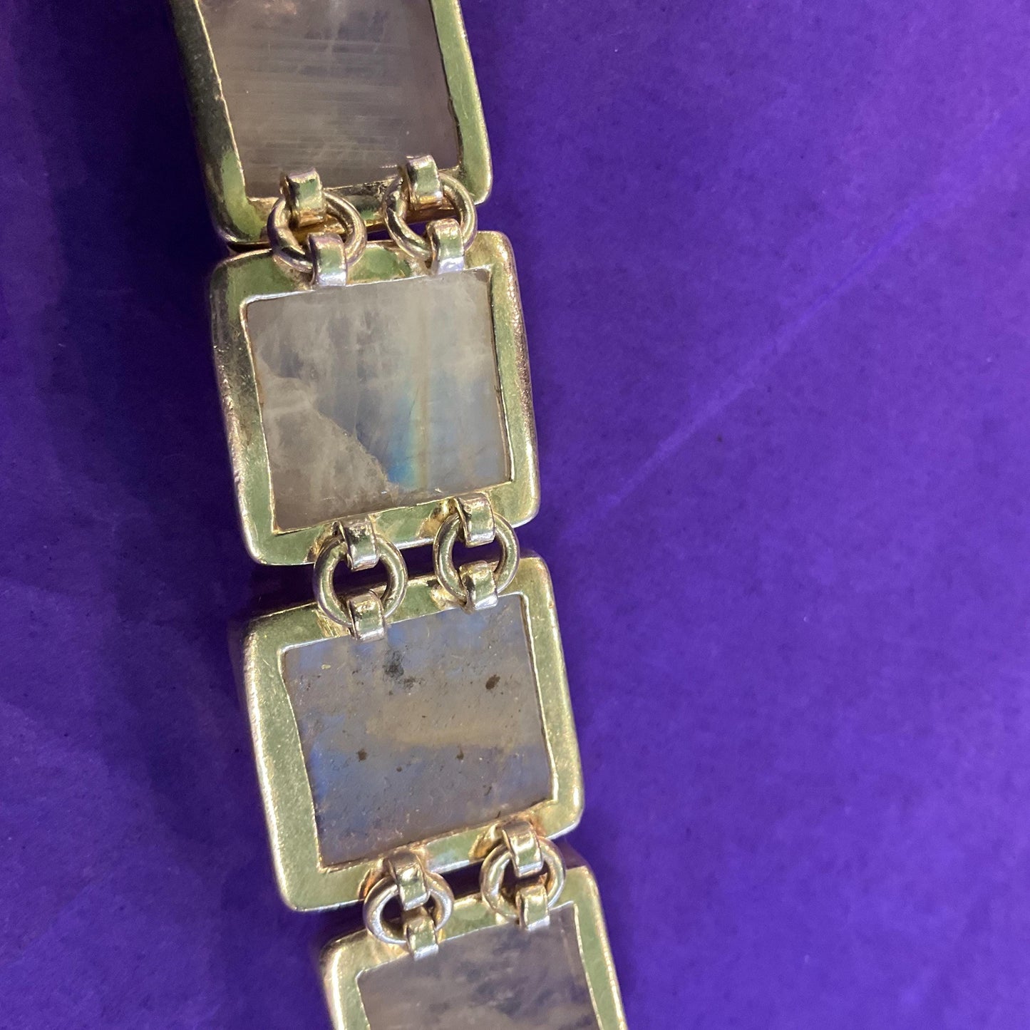 Vintage Silver and Moonstone Artisan Made Chunky T Bar Panel Bracelet, Large Square Gemstones and 925 Silver