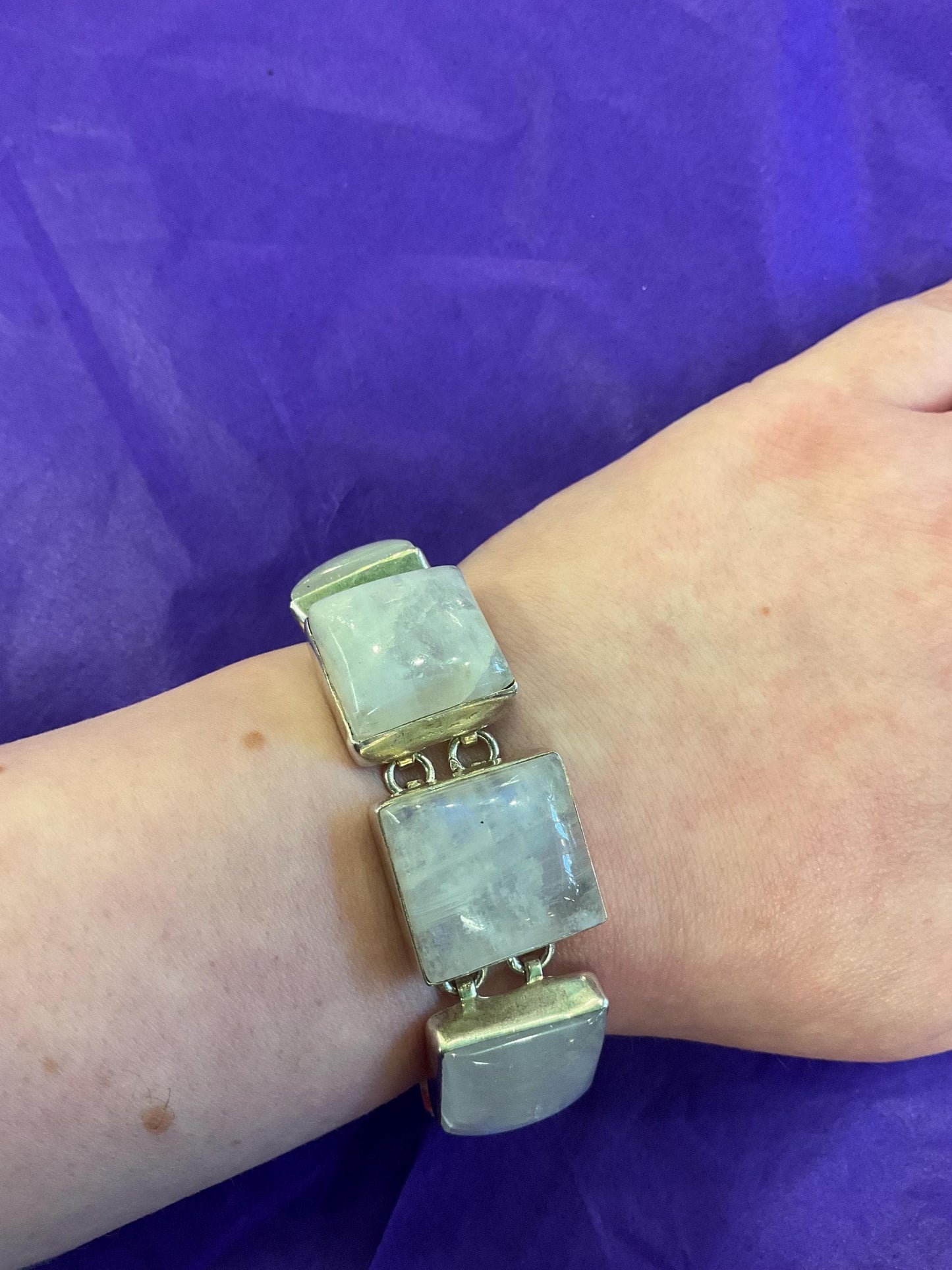 Vintage Silver and Moonstone Artisan Made Chunky T Bar Panel Bracelet, Large Square Gemstones and 925 Silver