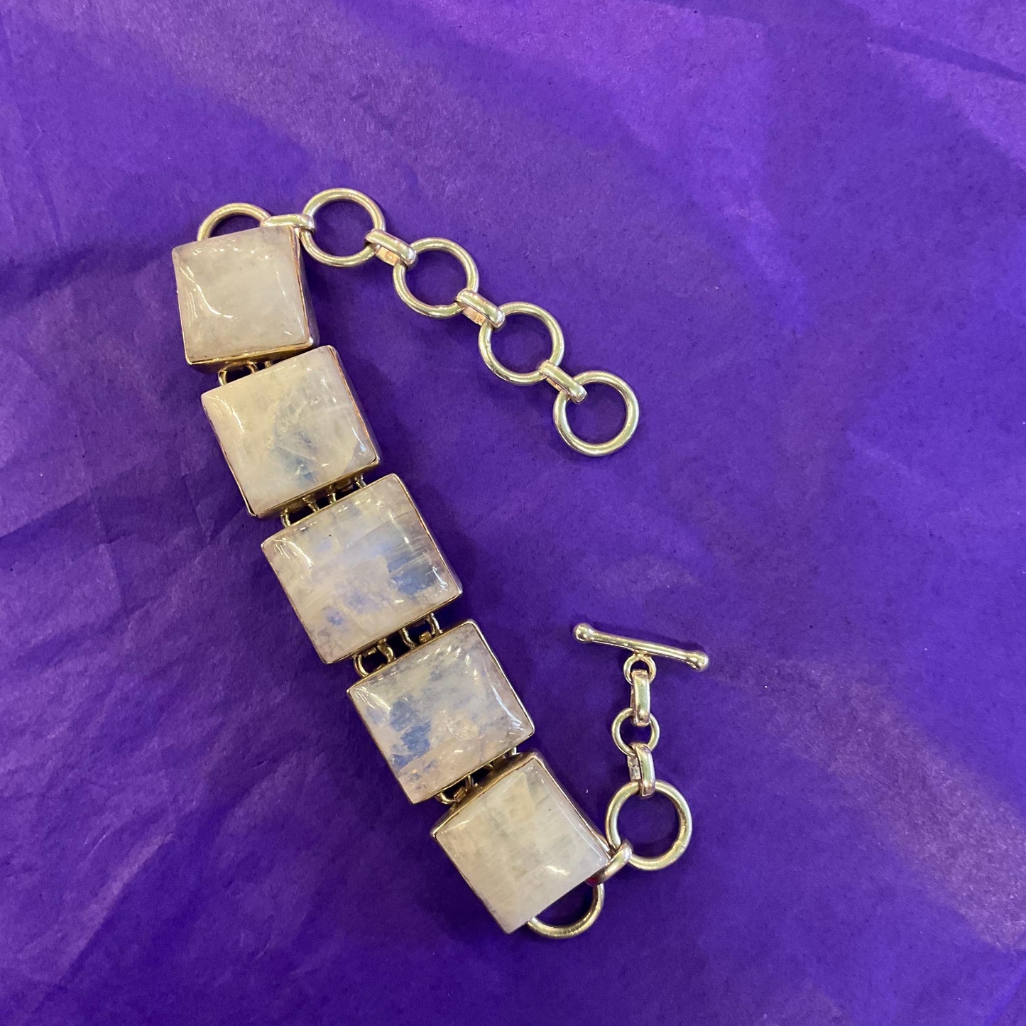 Vintage Silver and Moonstone Artisan Made Chunky T Bar Panel Bracelet, Large Square Gemstones and 925 Silver