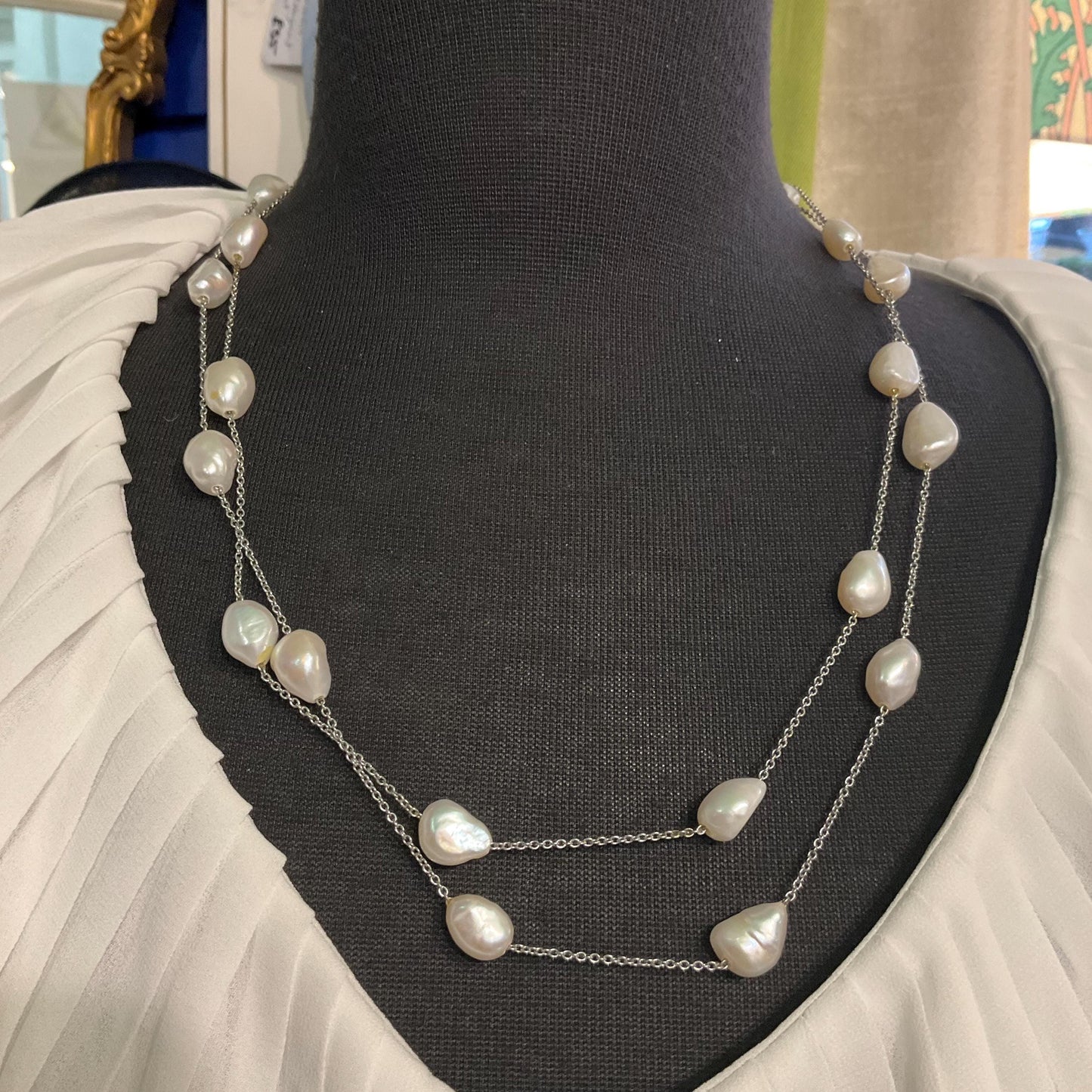 Vintage Flapper Length Ivory Baroque Pearl Chain Necklace