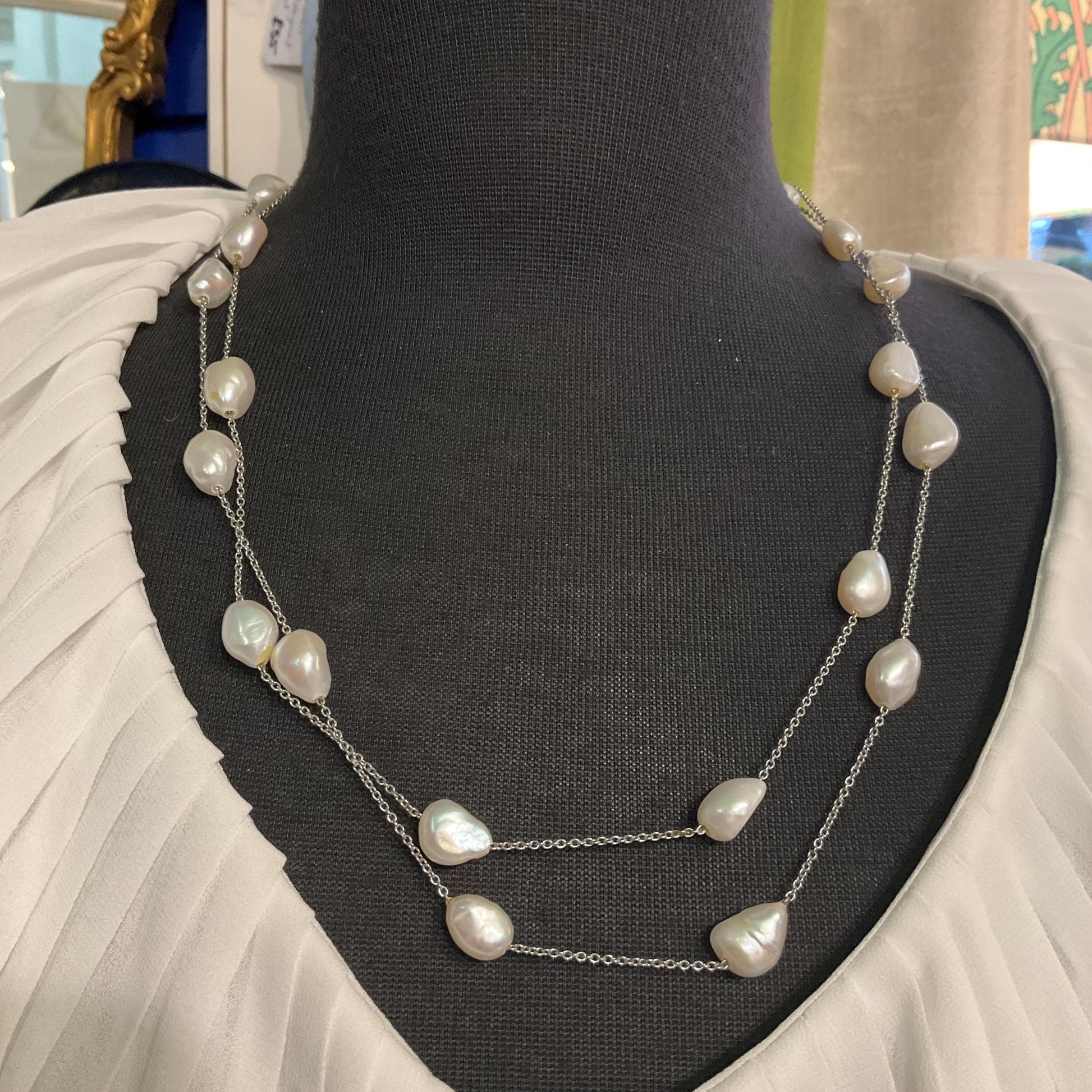 Vintage Flapper Length Ivory Baroque Pearl Chain Necklace