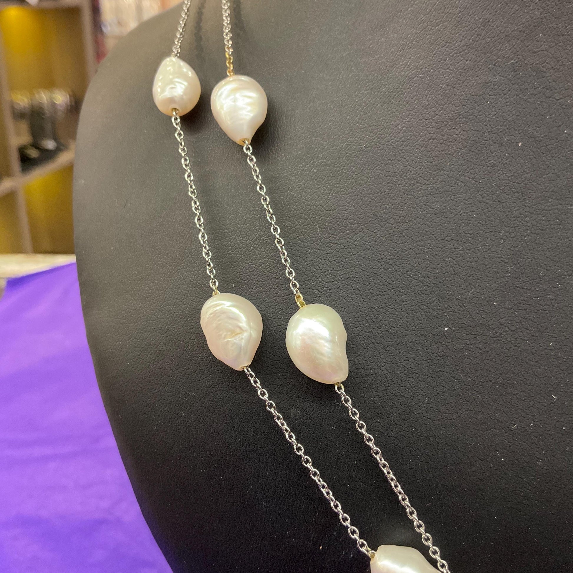 Vintage Flapper Length Ivory Baroque Pearl Chain Necklace