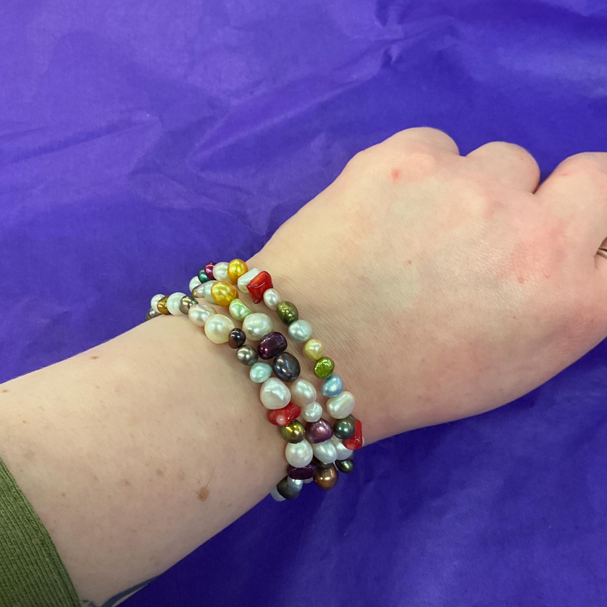 Vintage Bohemian Multicoloured Fresh Water Pearl Triple Coiled Spring Bracelet