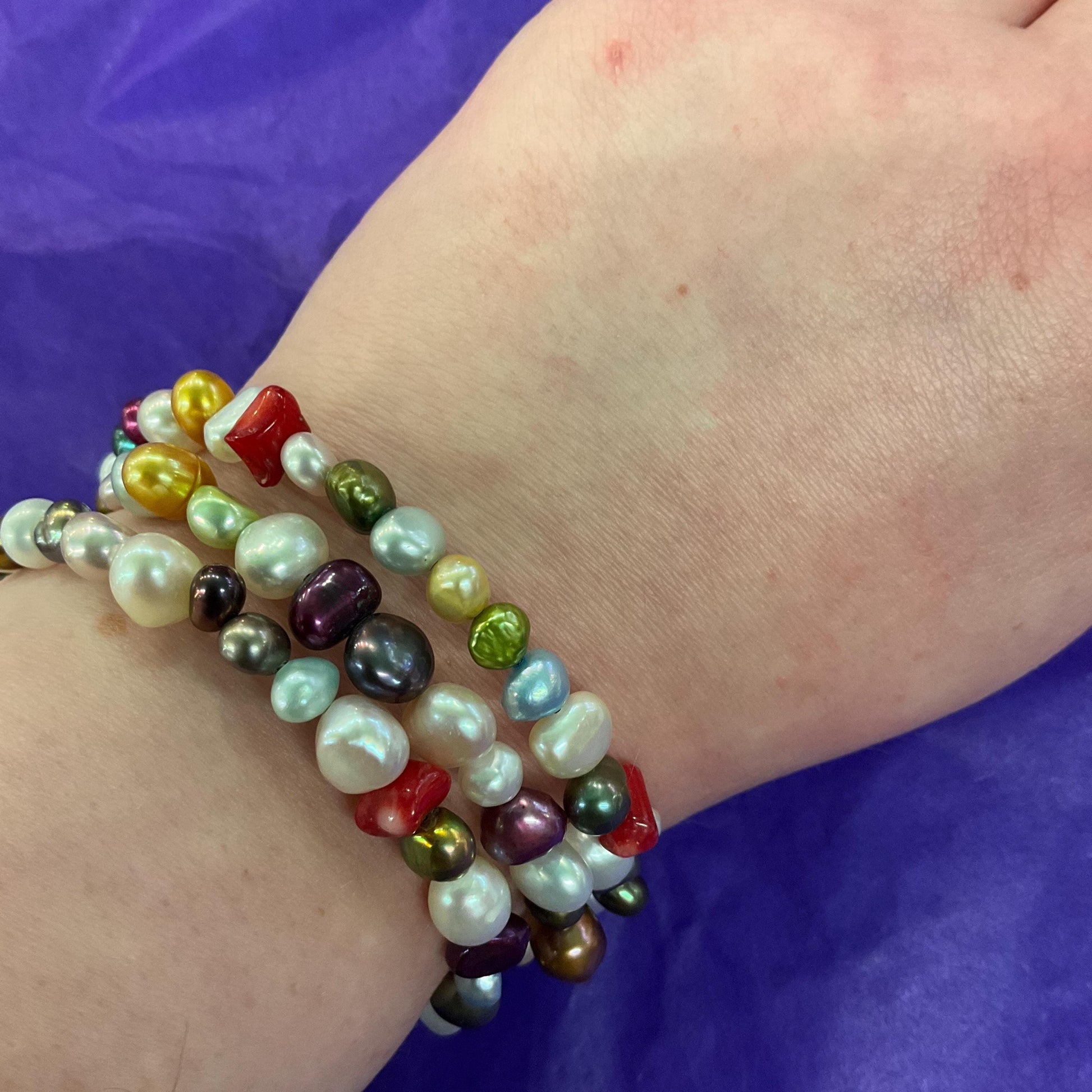 Vintage Bohemian Multicoloured Fresh Water Pearl Triple Coiled Spring Bracelet