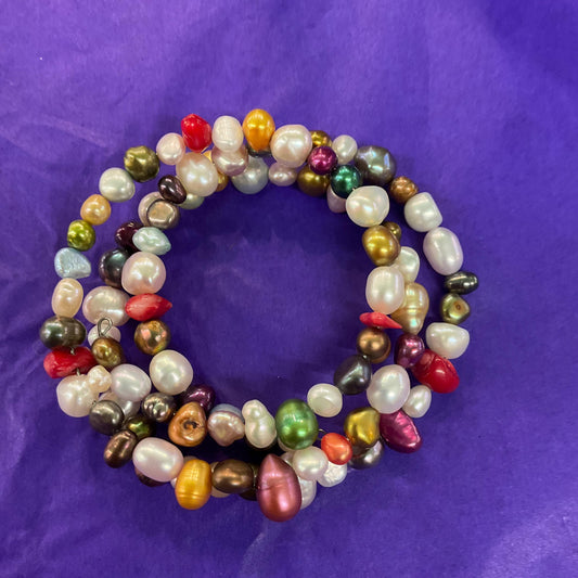 Vintage Bohemian Multicoloured Fresh Water Pearl Triple Coiled Spring Bracelet