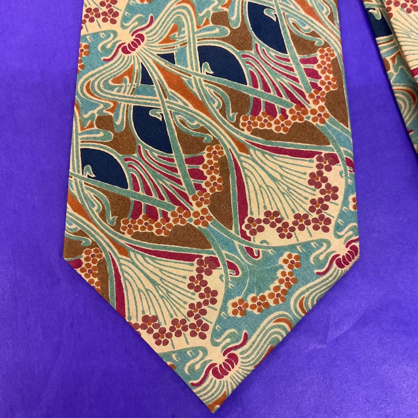 Vintage Liberty of London Ianthe Tana Lawn Tie in Muted Shades of Brown, Teal, Red and Navy