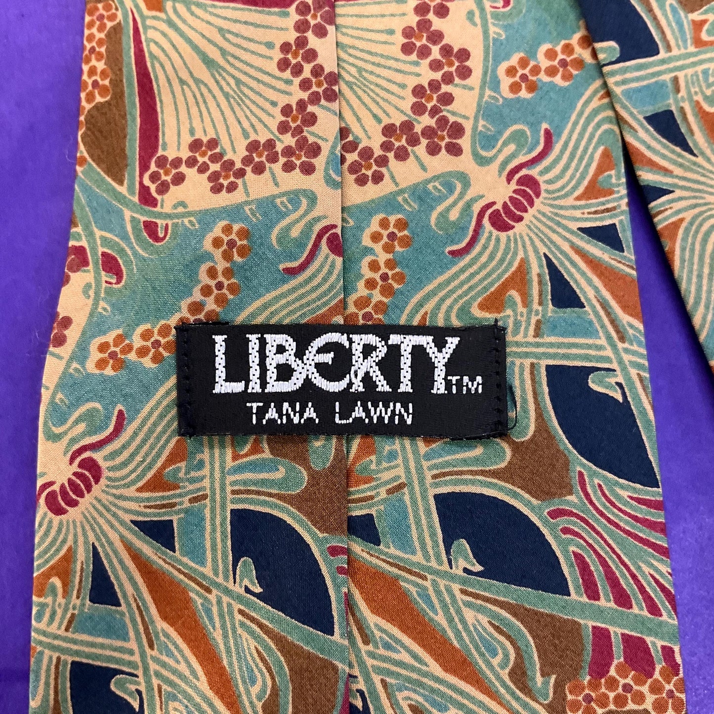 Vintage Liberty of London Ianthe Tana Lawn Tie in Muted Shades of Brown, Teal, Red and Navy