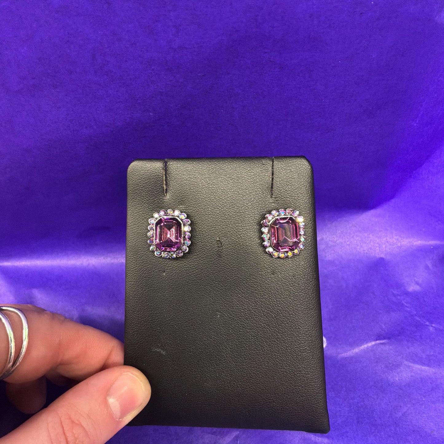 Vintage Butler and Wilson Rectangular Purple and Aurora Borealis Crystal Stud Earrings
