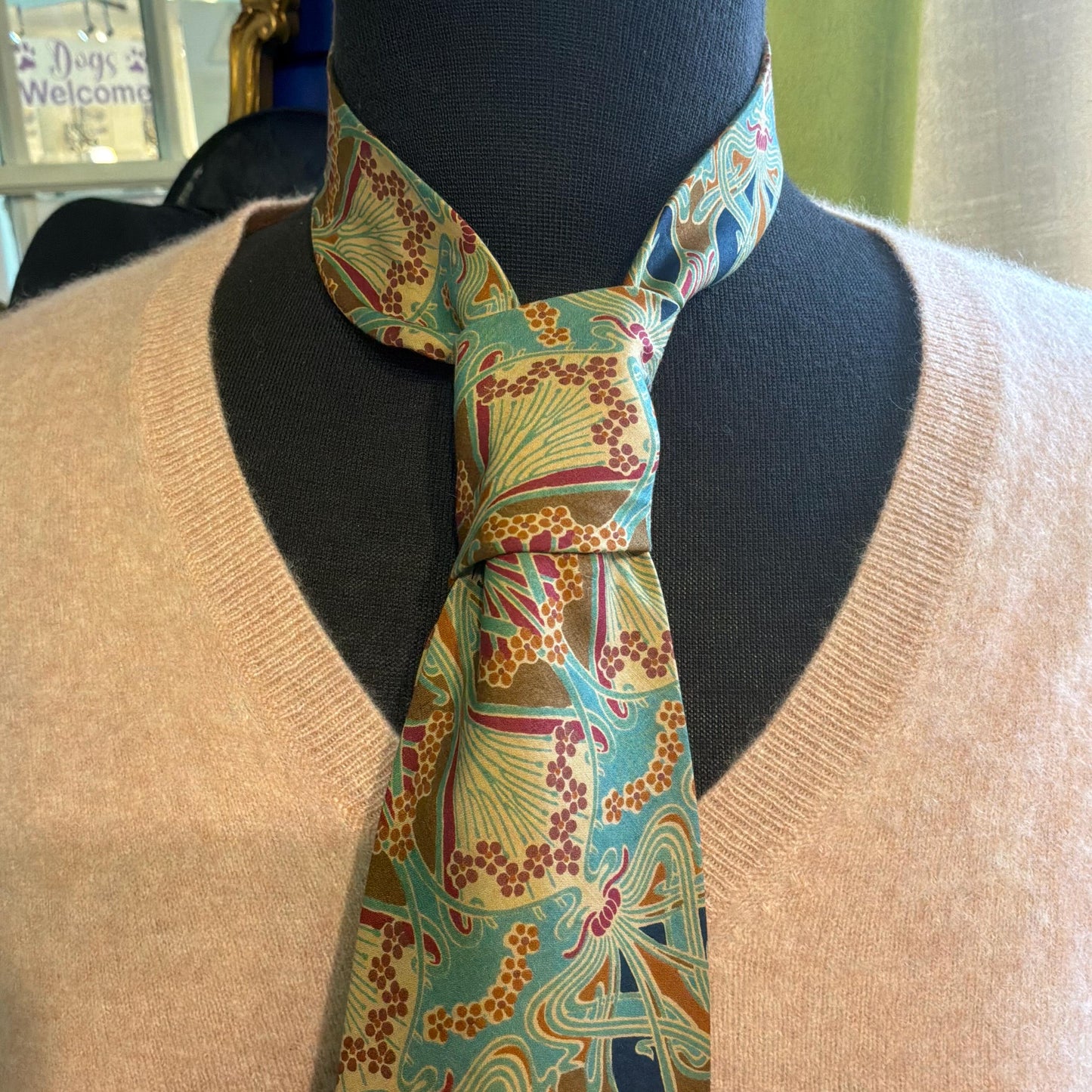Vintage Liberty of London Ianthe Tana Lawn Cotton Tie, Shades of Turquoise Blue, Gold, and Orange