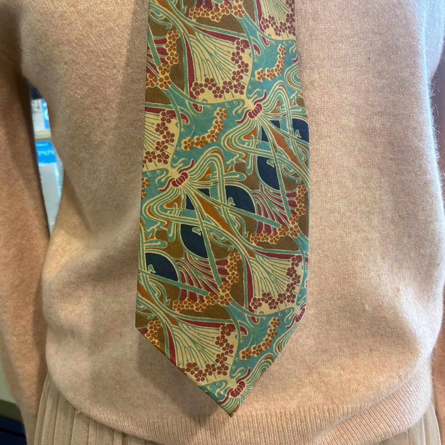 Vintage Liberty of London Ianthe Tana Lawn Cotton Tie, Shades of Turquoise Blue, Gold, and Orange