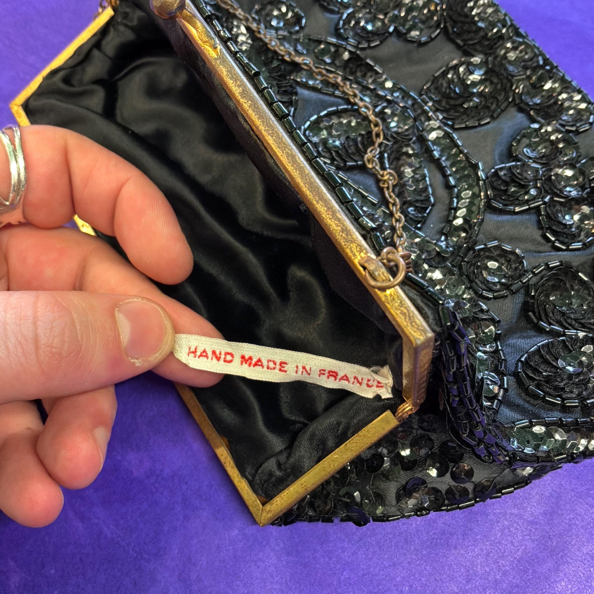 Vintage French Handmade 1930/40s Black Satin Beaded Evening Bag