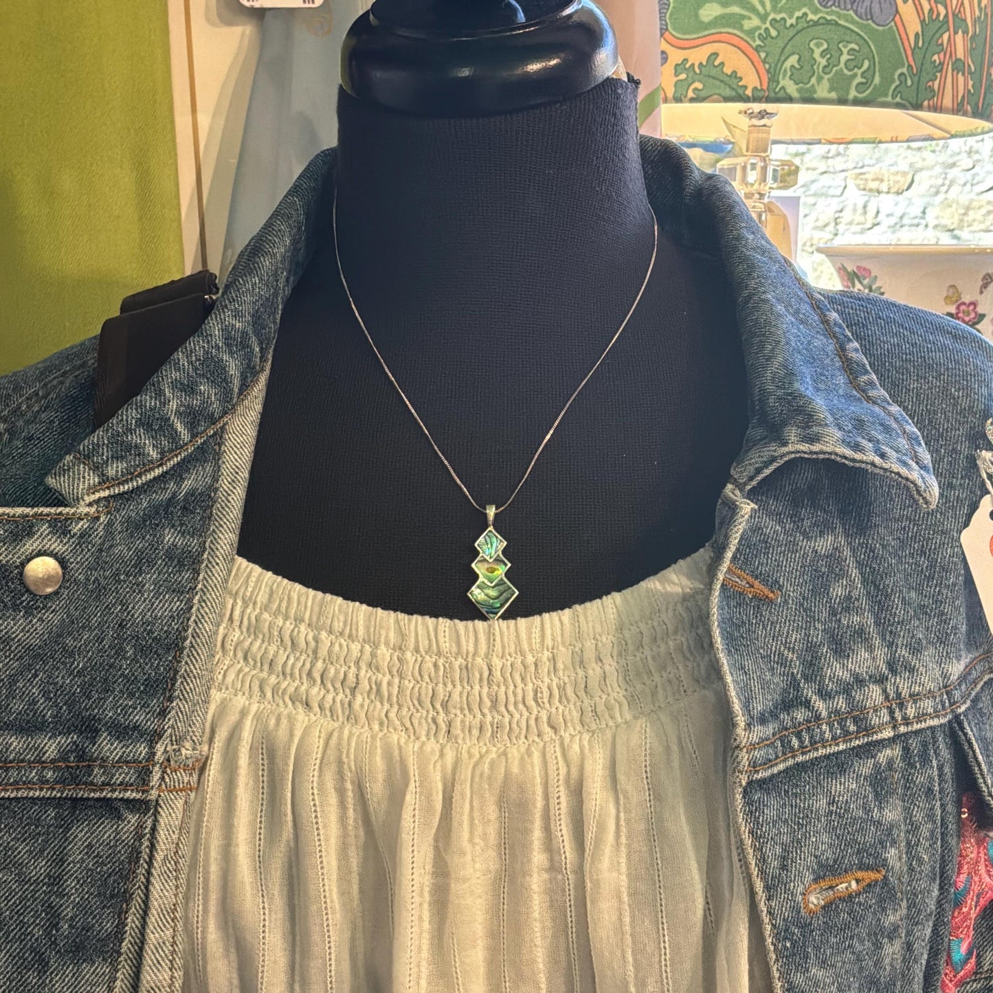 Vintage 925 Silver and Abalone Shell Pendant and Drop Earring Jewellery Set