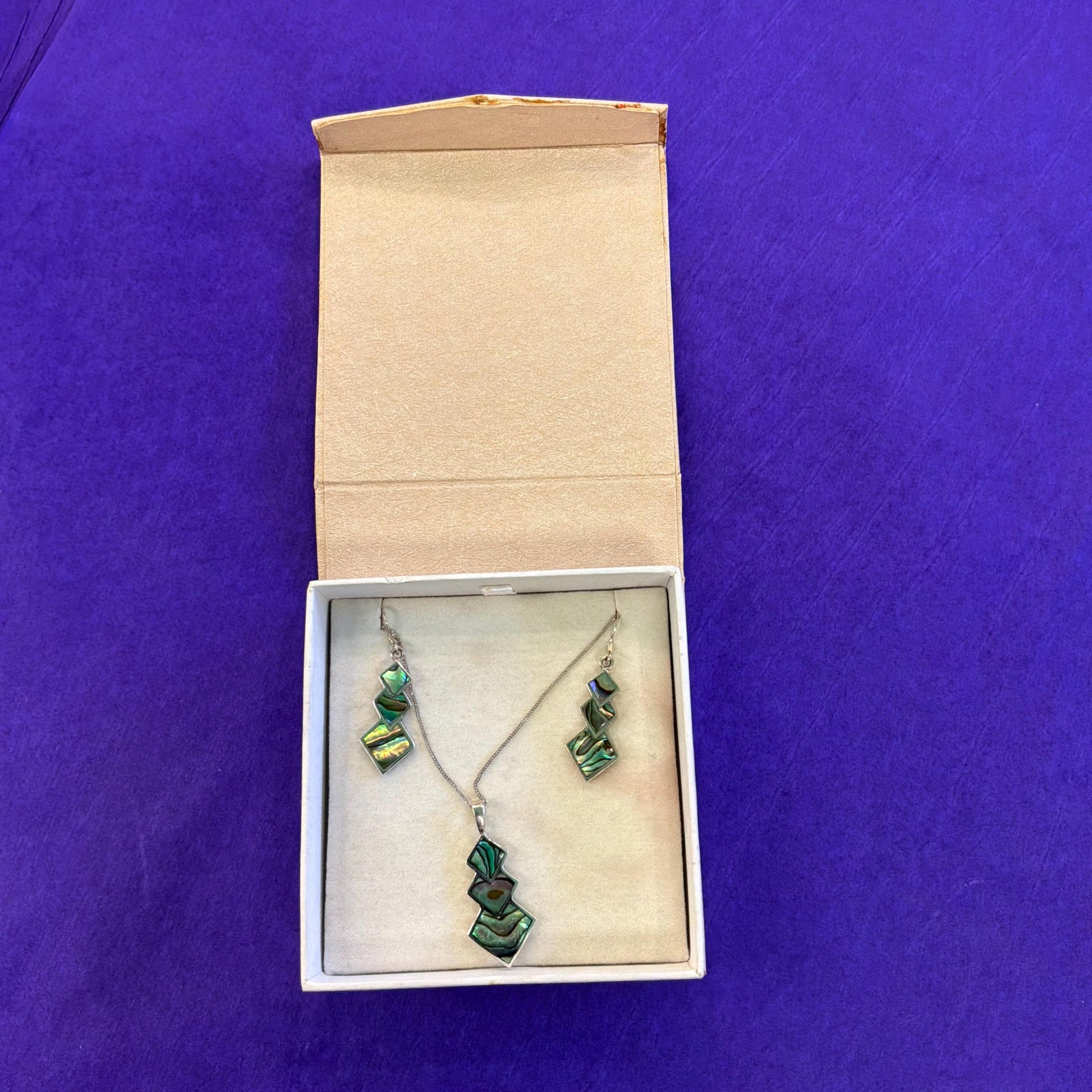 Vintage 925 Silver and Abalone Shell Pendant and Drop Earring Jewellery Set