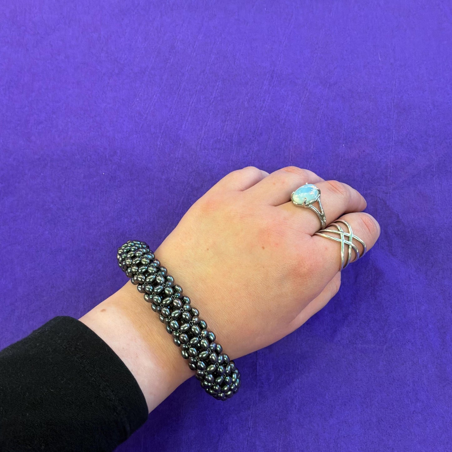 Vintage Fresh Water Pearl Large Dark Peacock/Petrol Tone Chinky Elasticated ‘Popcorn’ Bracelet