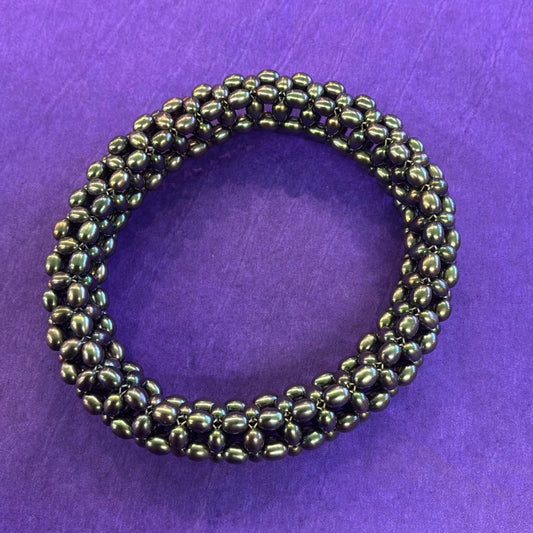 Vintage Fresh Water Pearl Large Dark Peacock/Petrol Tone Chinky Elasticated ‘Popcorn’ Bracelet