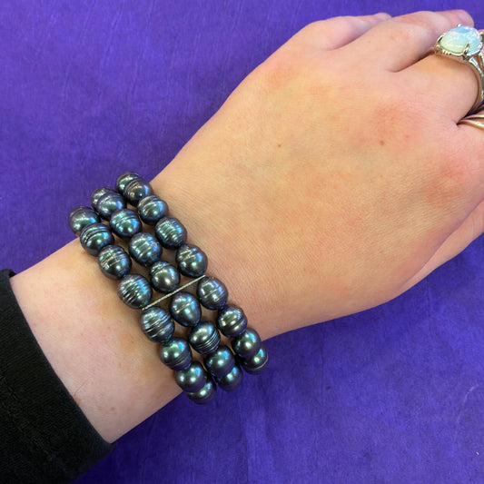 Vintage Chunky Petrol Blue Lustre Fresh Water Pearl Multistrand Bracelet