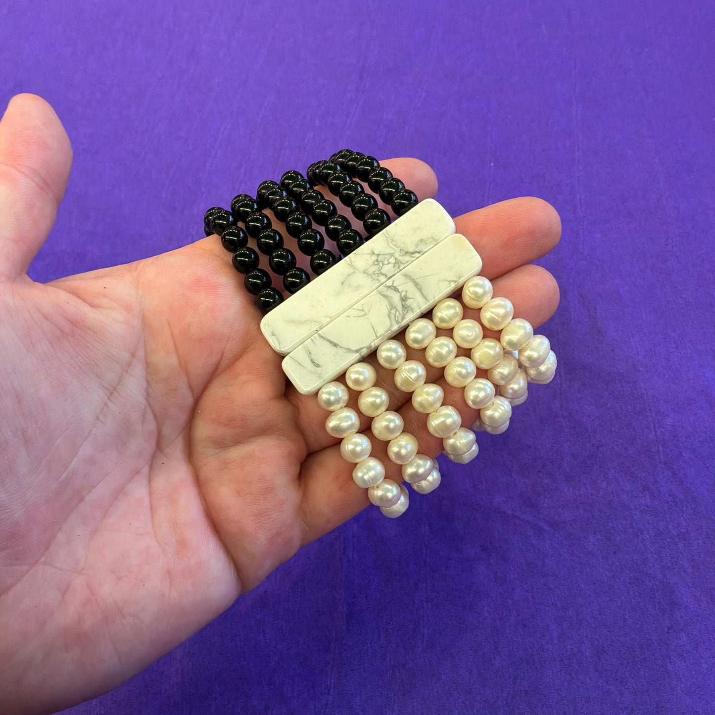 Vintage Art Deco Style Monotone Fresh Water Pearl and Onyx Wide Bracelet