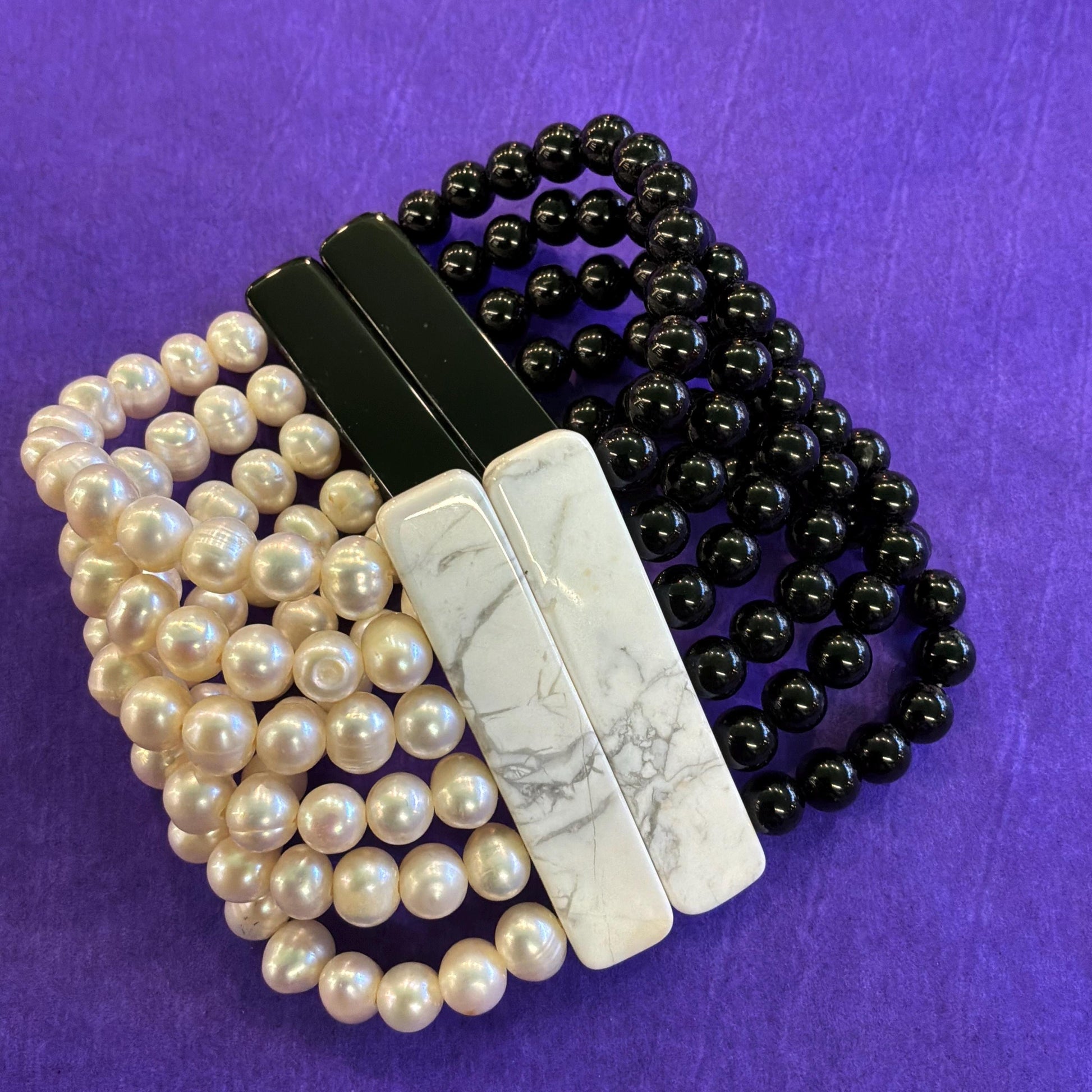 Vintage Art Deco Style Monotone Fresh Water Pearl and Onyx Wide Bracelet