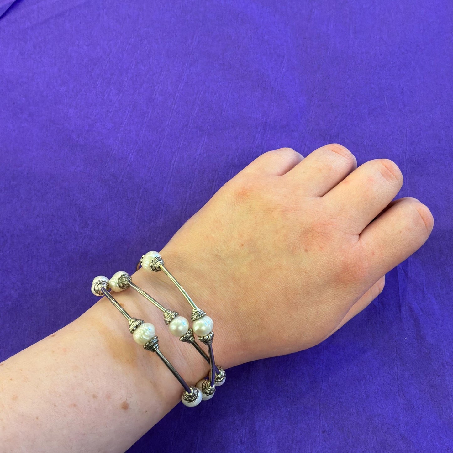 Vintage Art Deco Style Triple Wrap Freshwater Pearl Bracelet with Silver Tone Accents