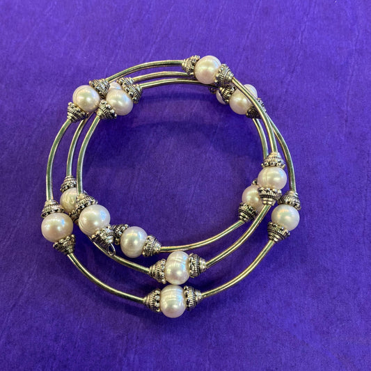 Vintage Art Deco Style Triple Wrap Freshwater Pearl Bracelet with Silver Tone Accents
