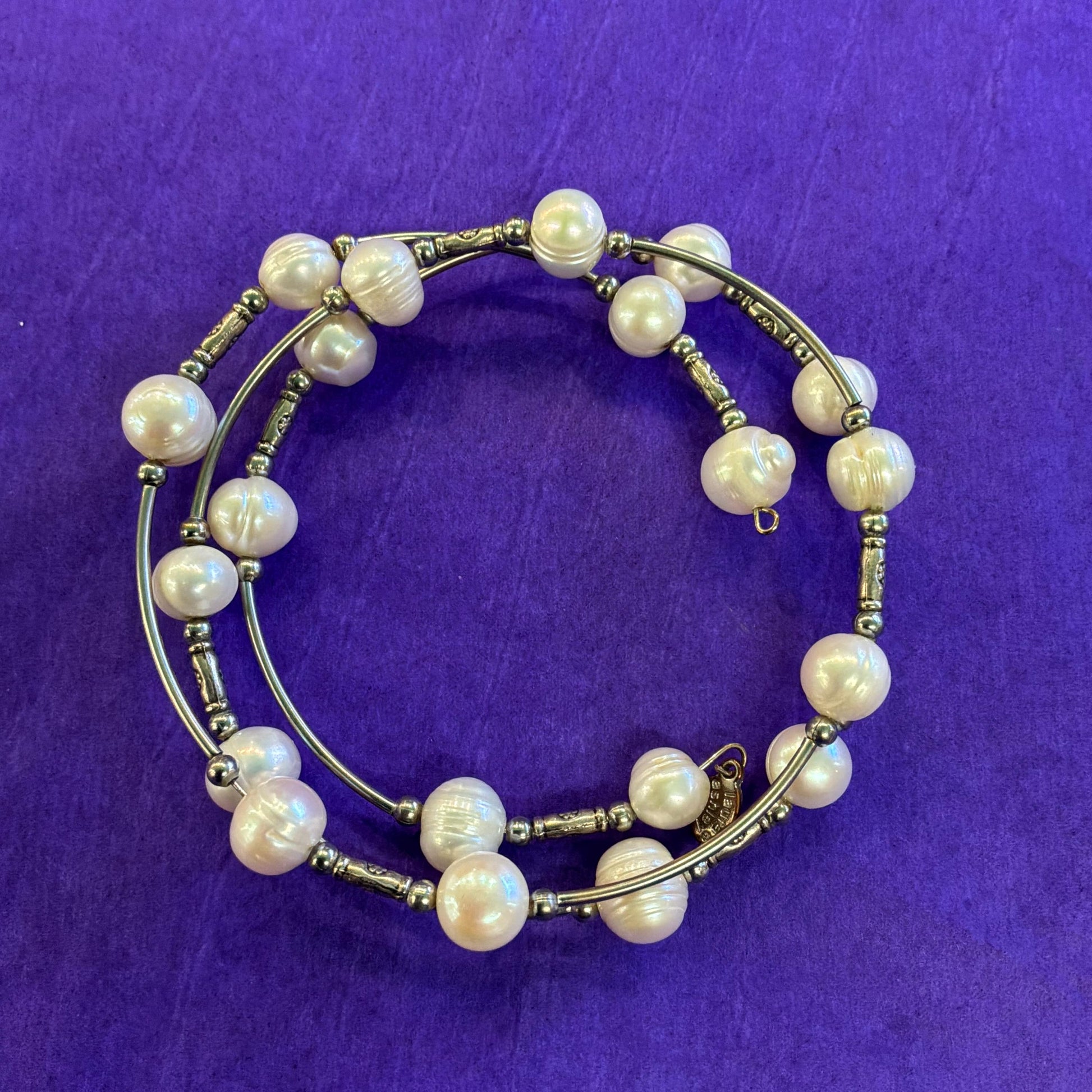 Vintage Laura Ashley Ivory Freshwater Pearl and Silver Tone MEtal Coiled Bracelet