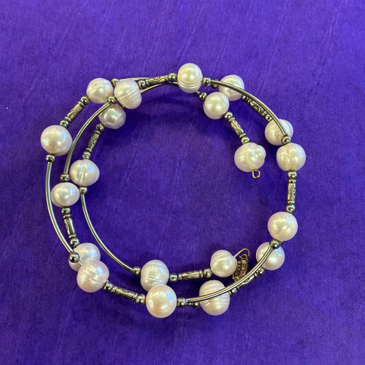 Vintage Laura Ashley Ivory Freshwater Pearl and Silver Tone MEtal Coiled Bracelet