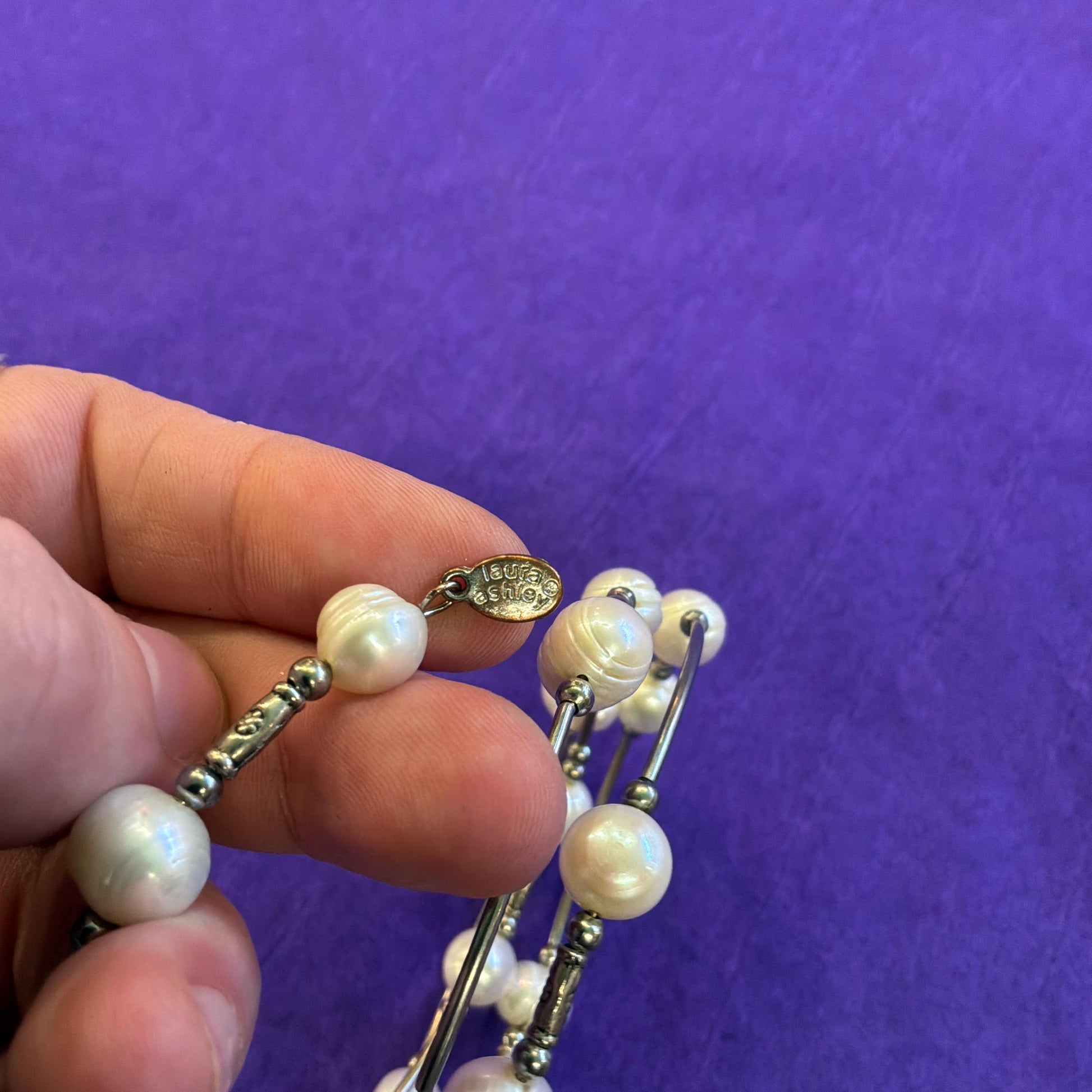 Vintage Laura Ashley Ivory Freshwater Pearl and Silver Tone MEtal Coiled Bracelet
