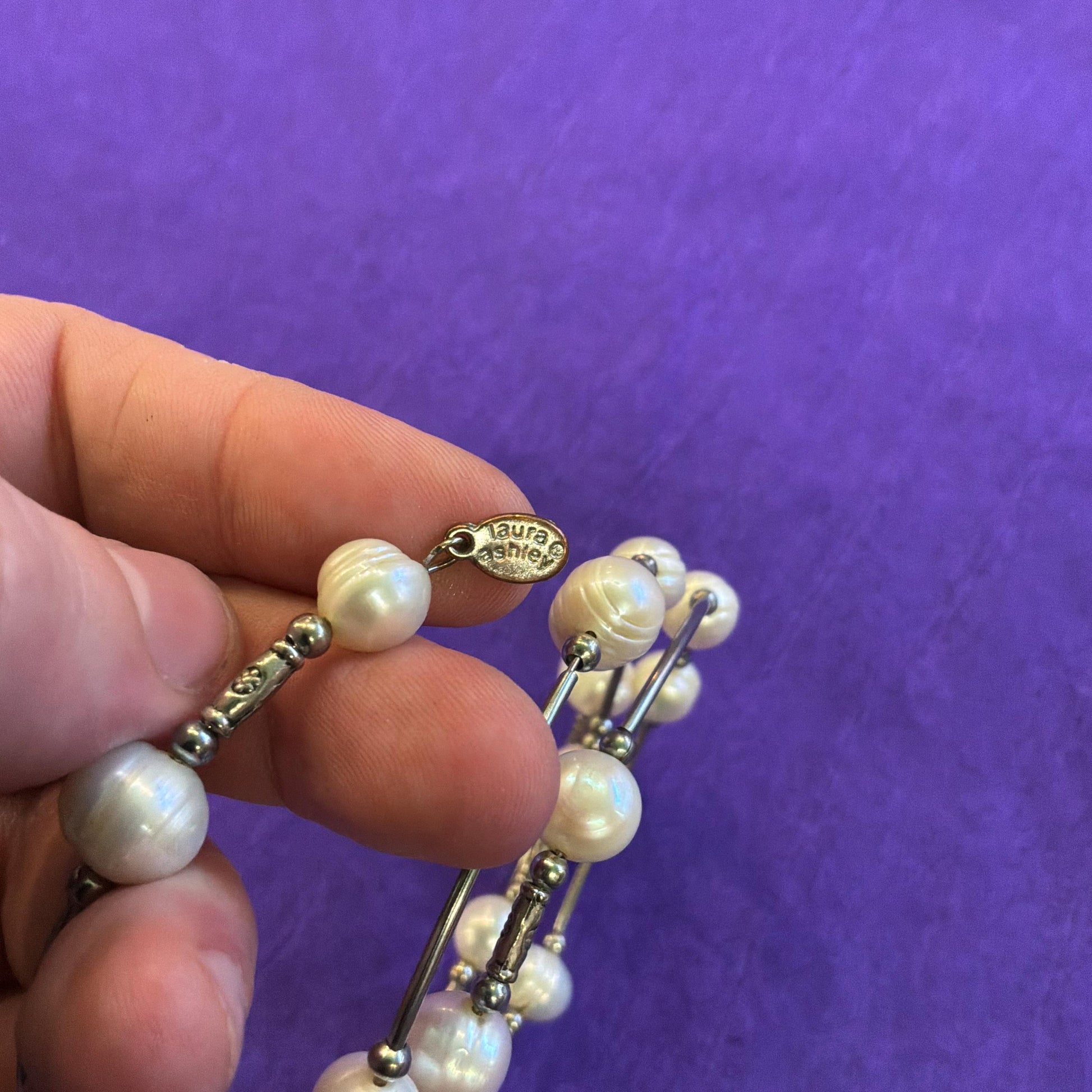 Vintage Laura Ashley Ivory Freshwater Pearl and Silver Tone MEtal Coiled Bracelet