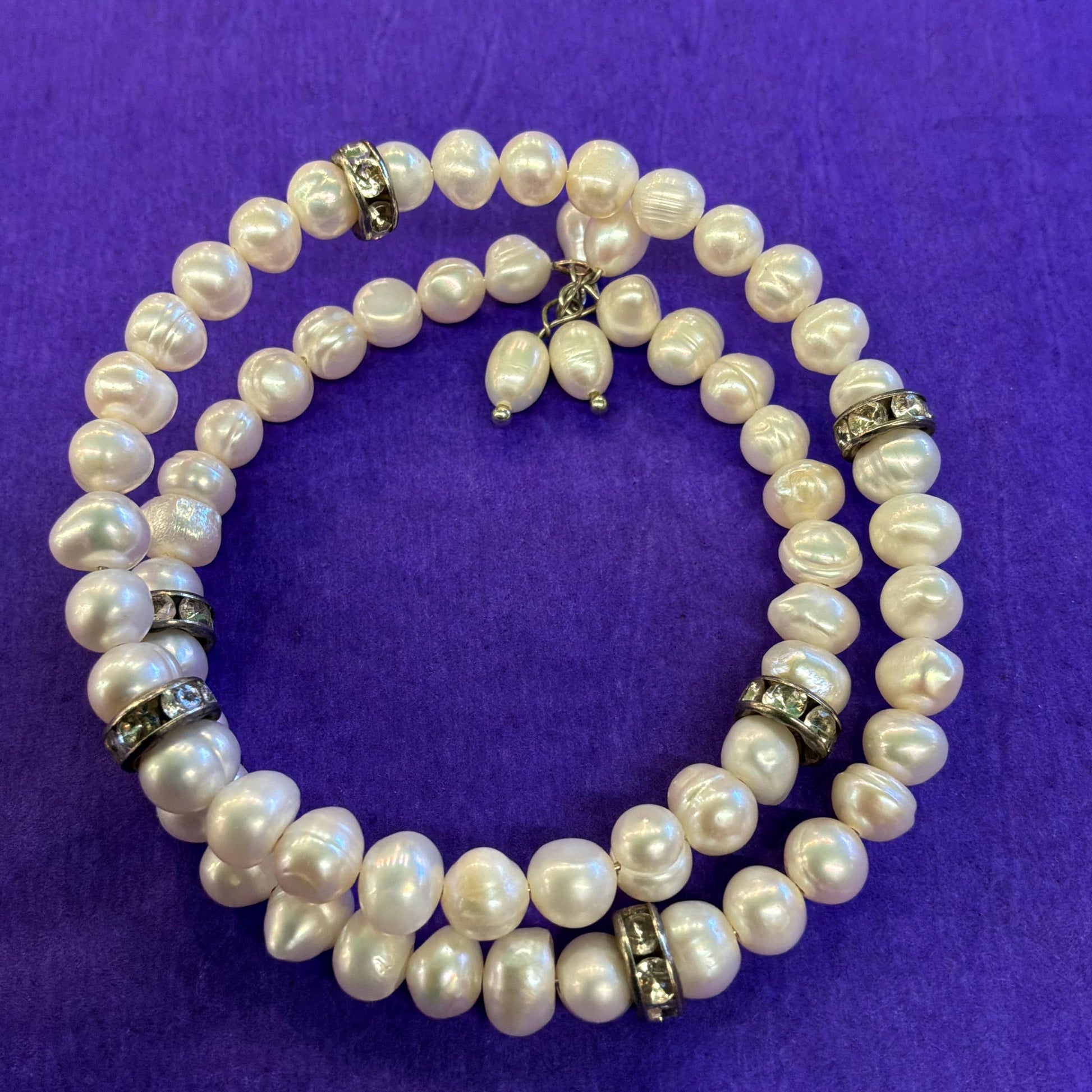 Vintage Double Strand Ivory Freshwater Pearl and Diamante Crystal Rondelle filed memory Bangle