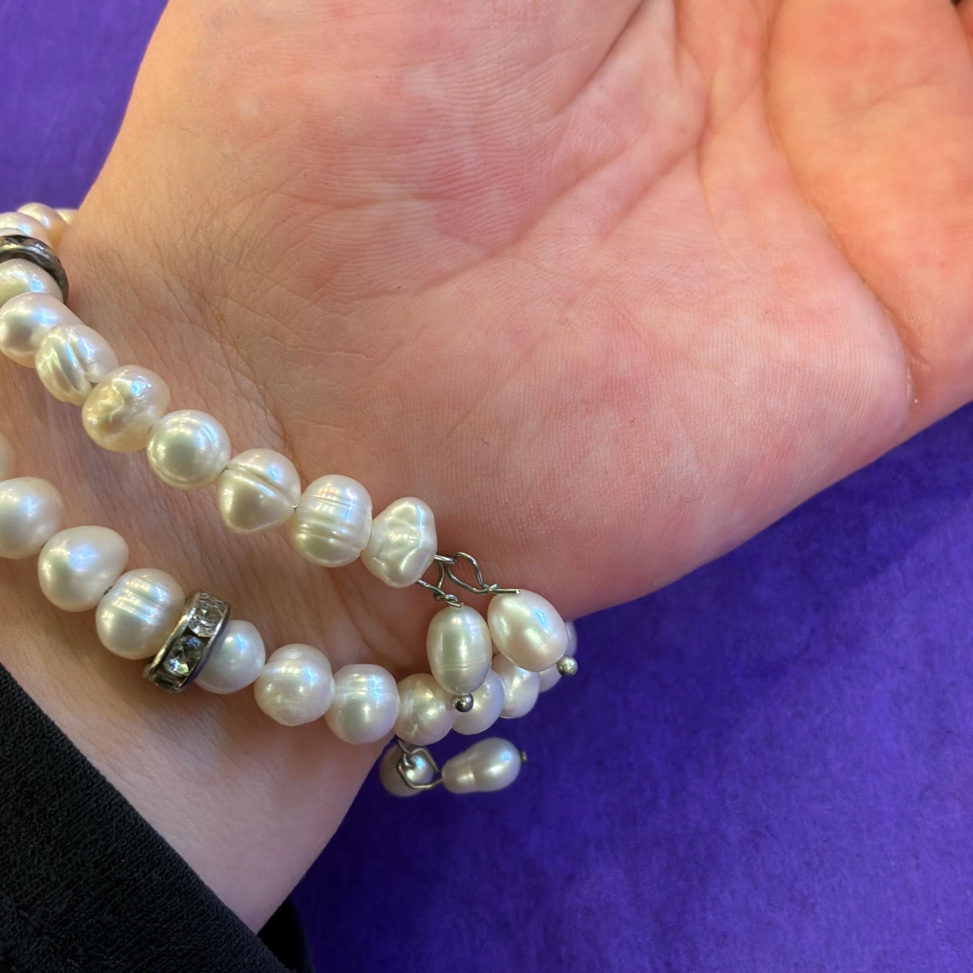 Vintage Double Strand Ivory Freshwater Pearl and Diamante Crystal Rondelle filed memory Bangle