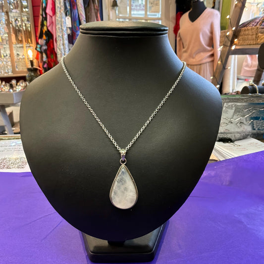 Vintage Large Moonstone Teardrop Shaped Silver Pendant, 20” Silver Plated Chain