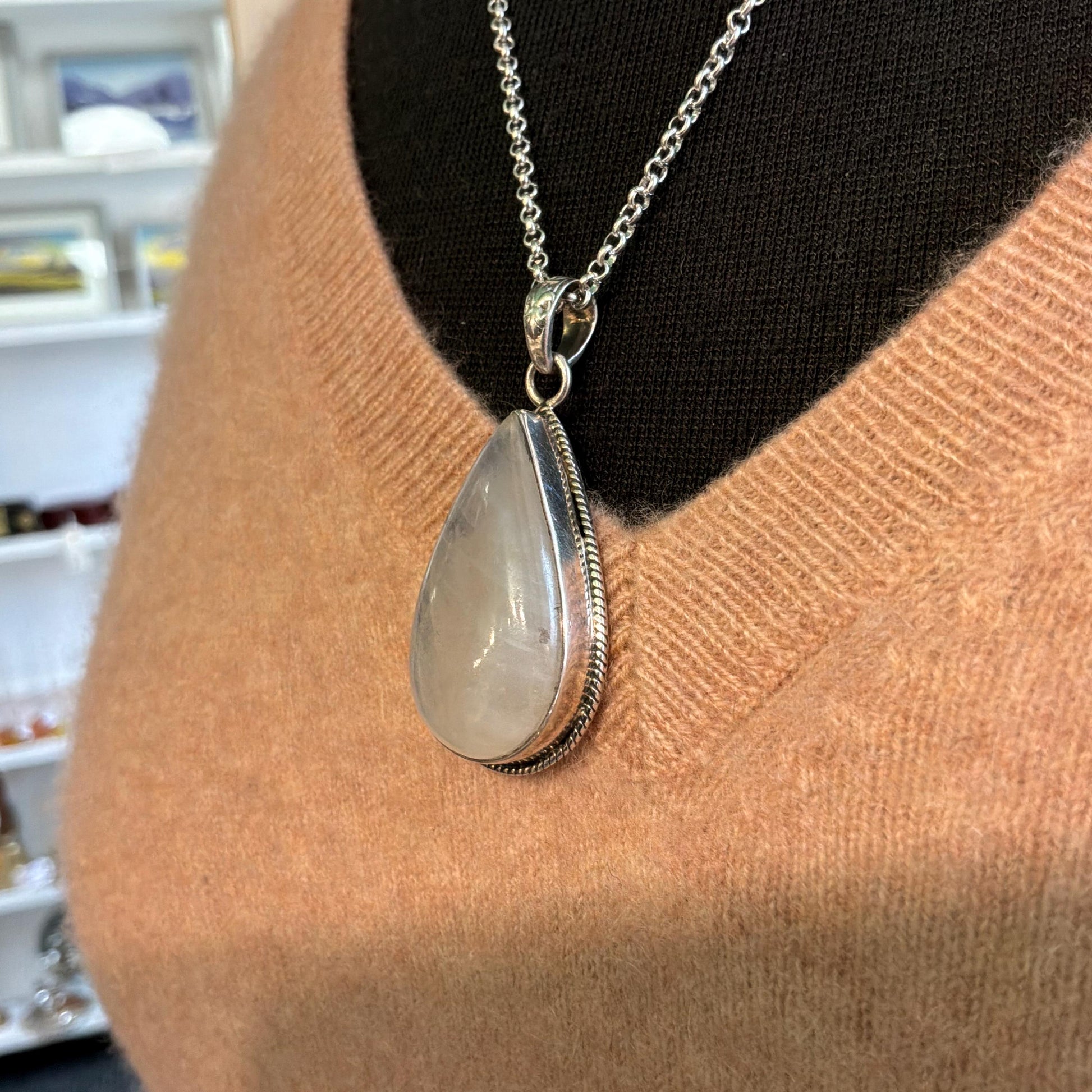 Vintage Large Moonstone Teardrop Shaped Silver Pendant, 20” Silver Plated Chain