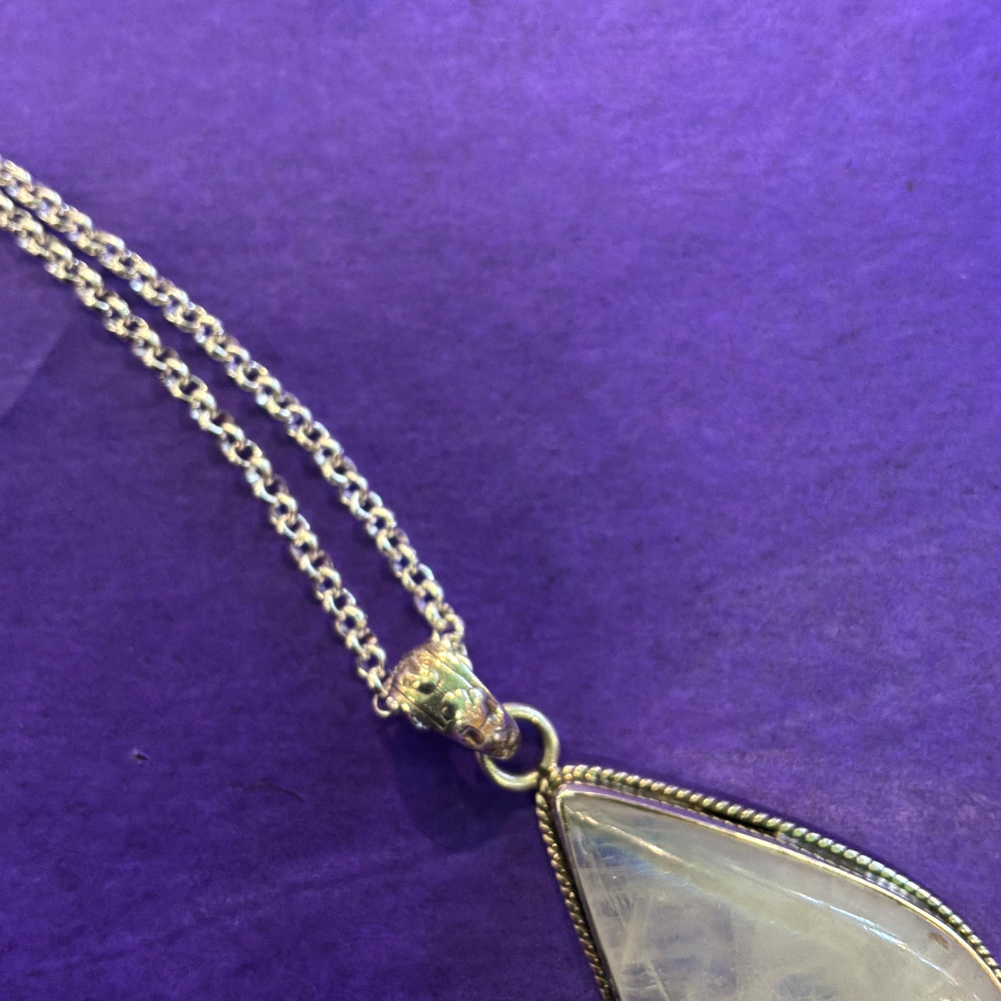 Vintage Large Moonstone Teardrop Shaped Silver Pendant, 20” Silver Plated Chain