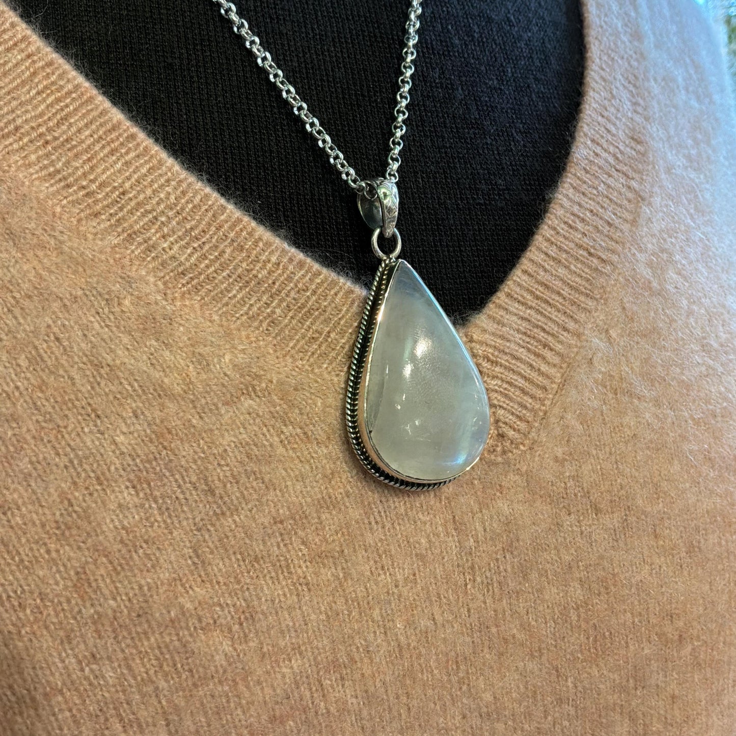 Vintage Large Moonstone Teardrop Shaped Silver Pendant, 20” Silver Plated Chain
