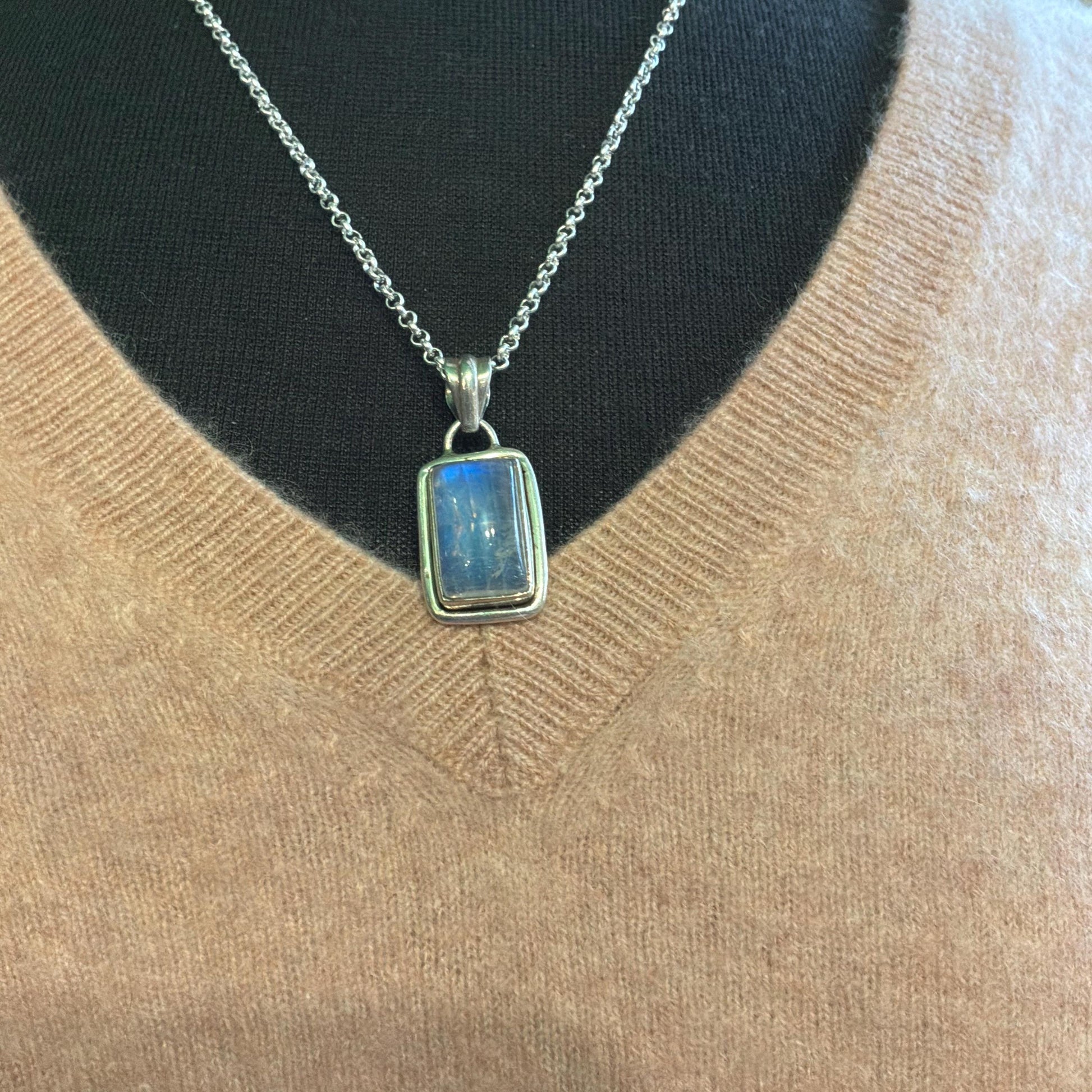 Vintage Artisan Jeweller Made Silver and Moonstone Pendant, 20” Silver Plated Chain