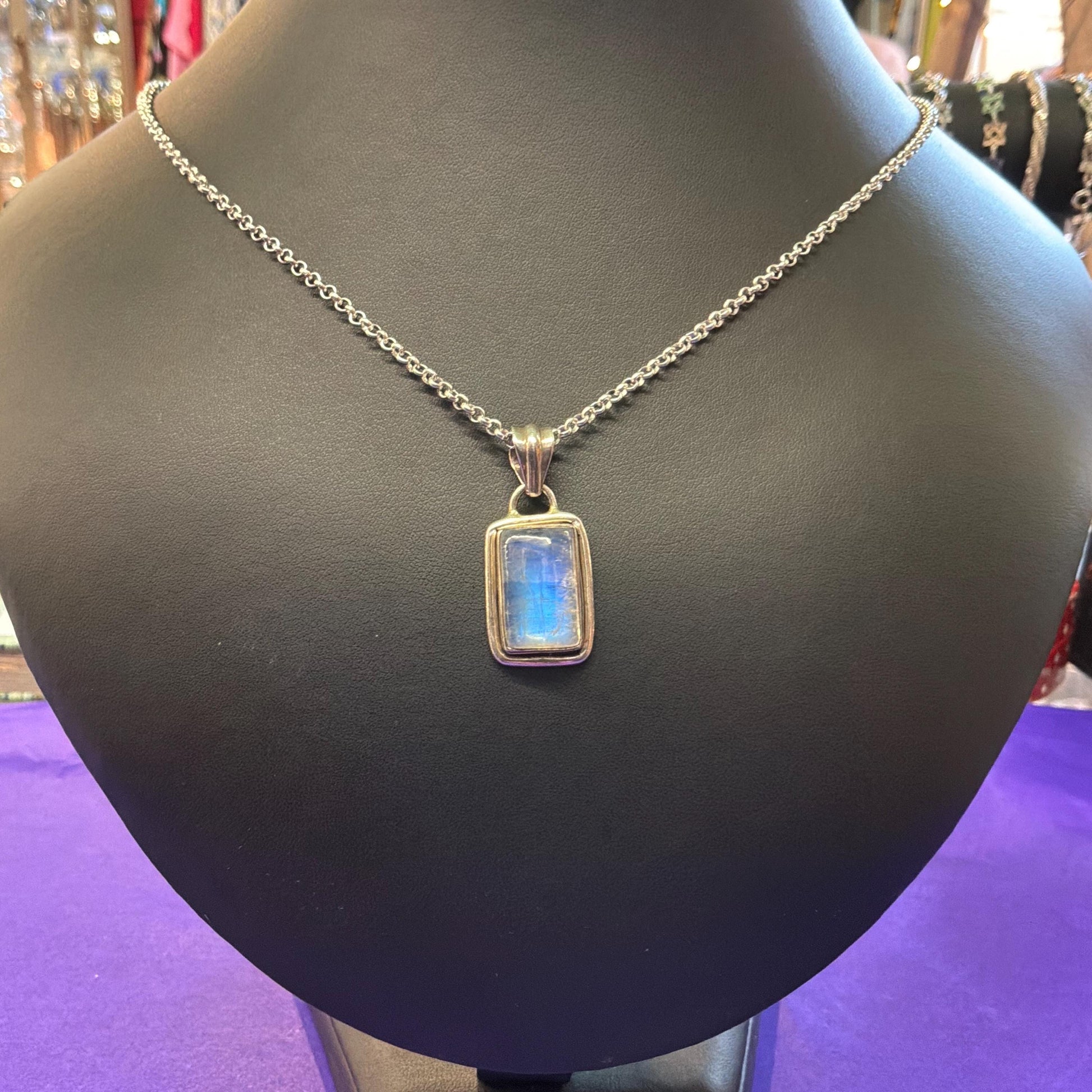 Vintage Artisan Jeweller Made Silver and Moonstone Pendant, 20” Silver Plated Chain