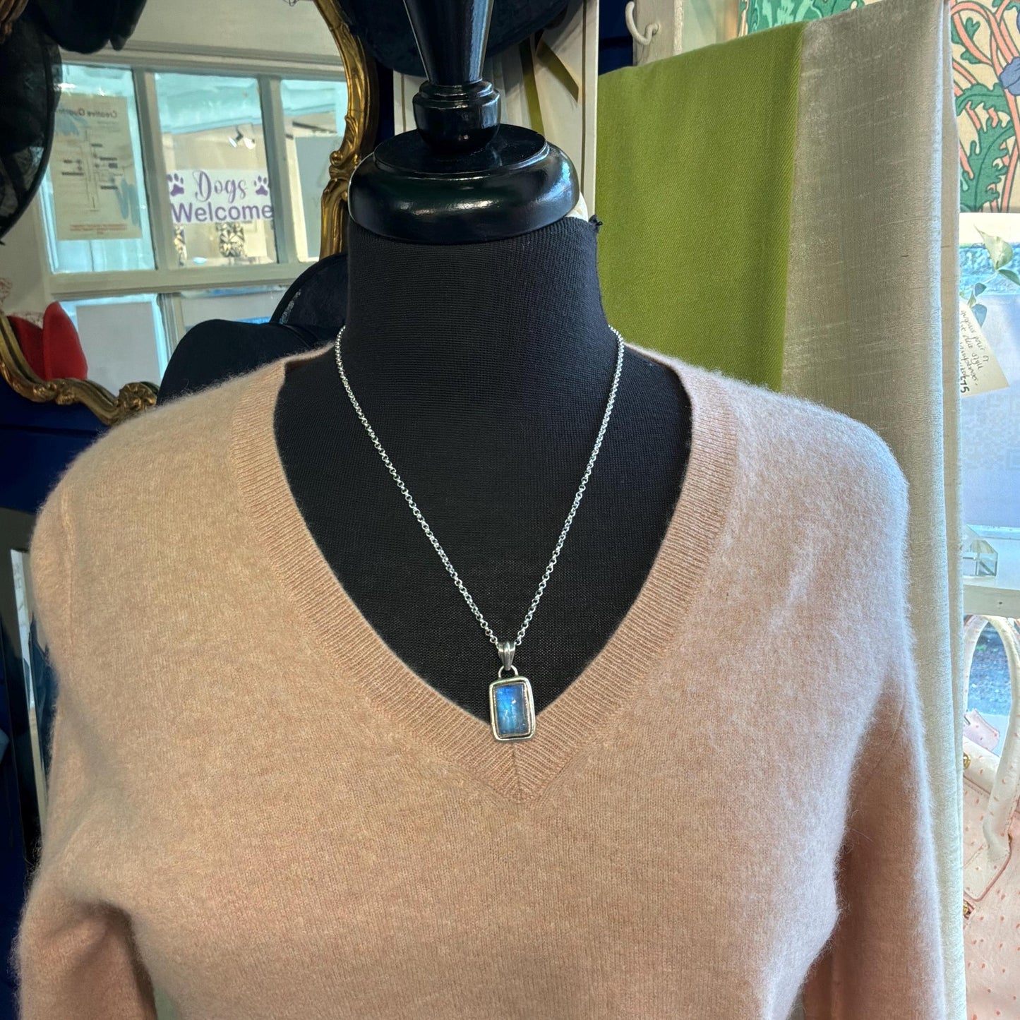 Vintage Artisan Jeweller Made Silver and Moonstone Pendant, 20” Silver Plated Chain