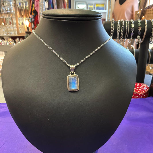 Vintage Artisan Jeweller Made Silver and Moonstone Pendant, 20” Silver Plated Chain