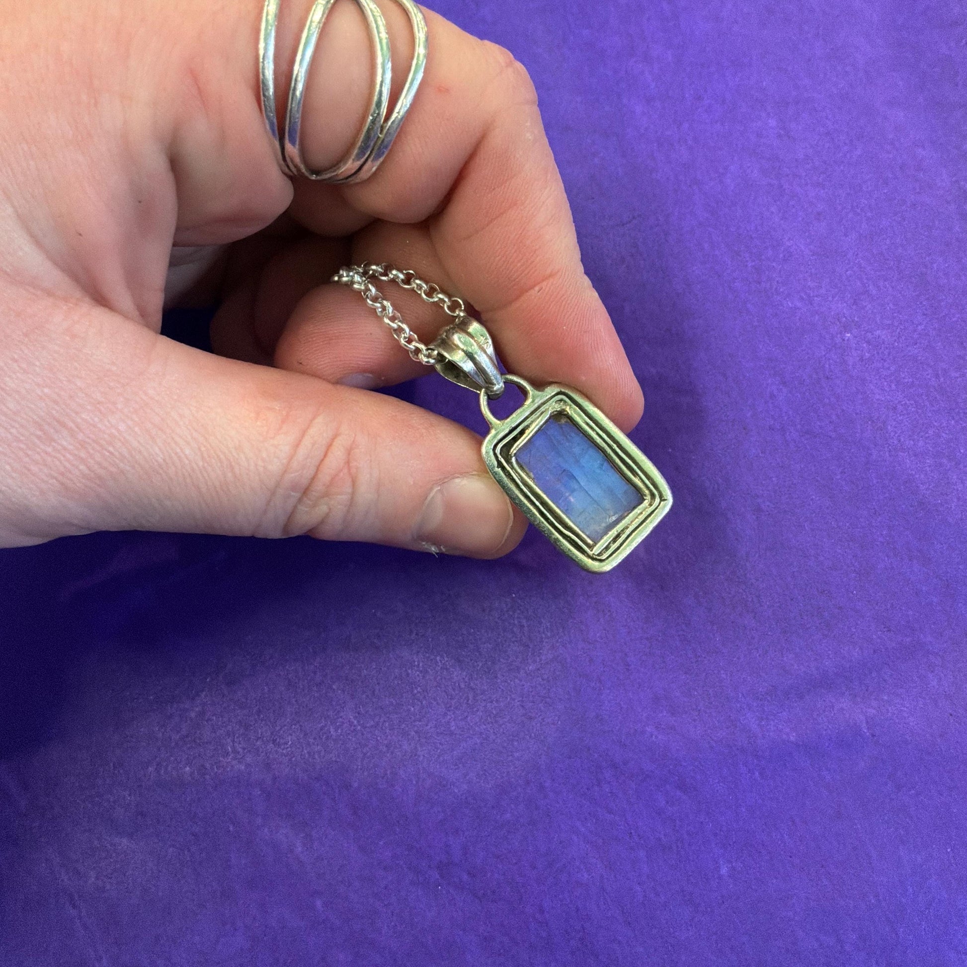 Vintage Artisan Jeweller Made Silver and Moonstone Pendant, 20” Silver Plated Chain