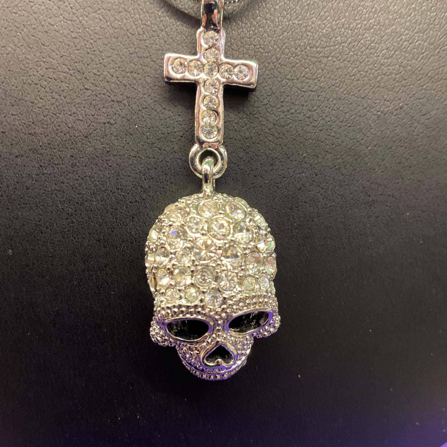 Vintage Butler and Wilson Crystal Skull and Cross Pendant, Silver tone with rhinestones
