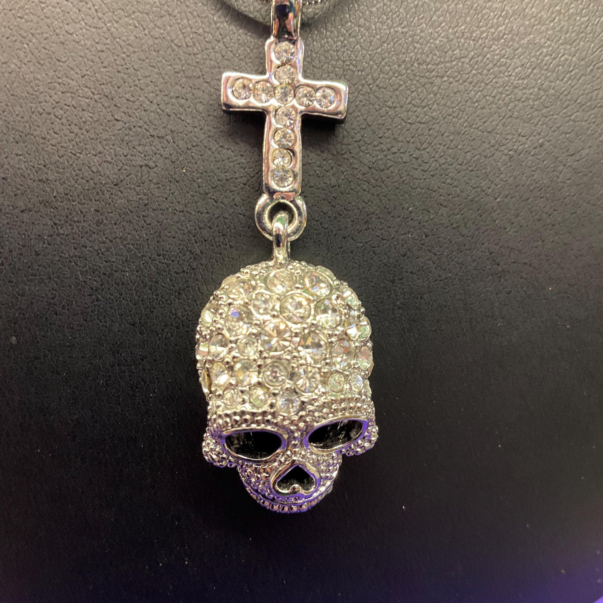 Vintage Butler and Wilson Crystal Skull and Cross Pendant, Silver tone with rhinestones